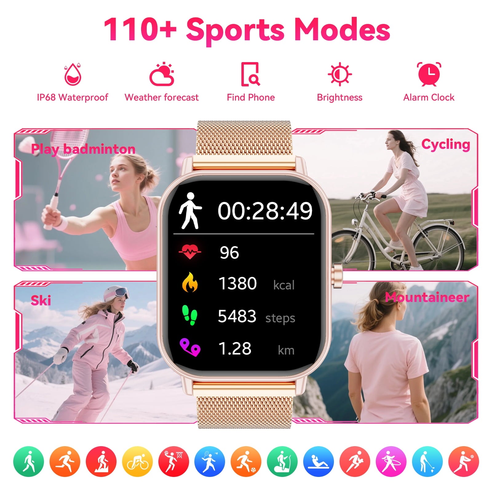 1.85-Inch Men's and Women's smartwatch fits for Android and iPhone Devices with Fitness Tracker, Pedometer, Answer/Call/120 Sport Modes, IP68 Waterproof Fitness Watch, (Milanese Steel Band)