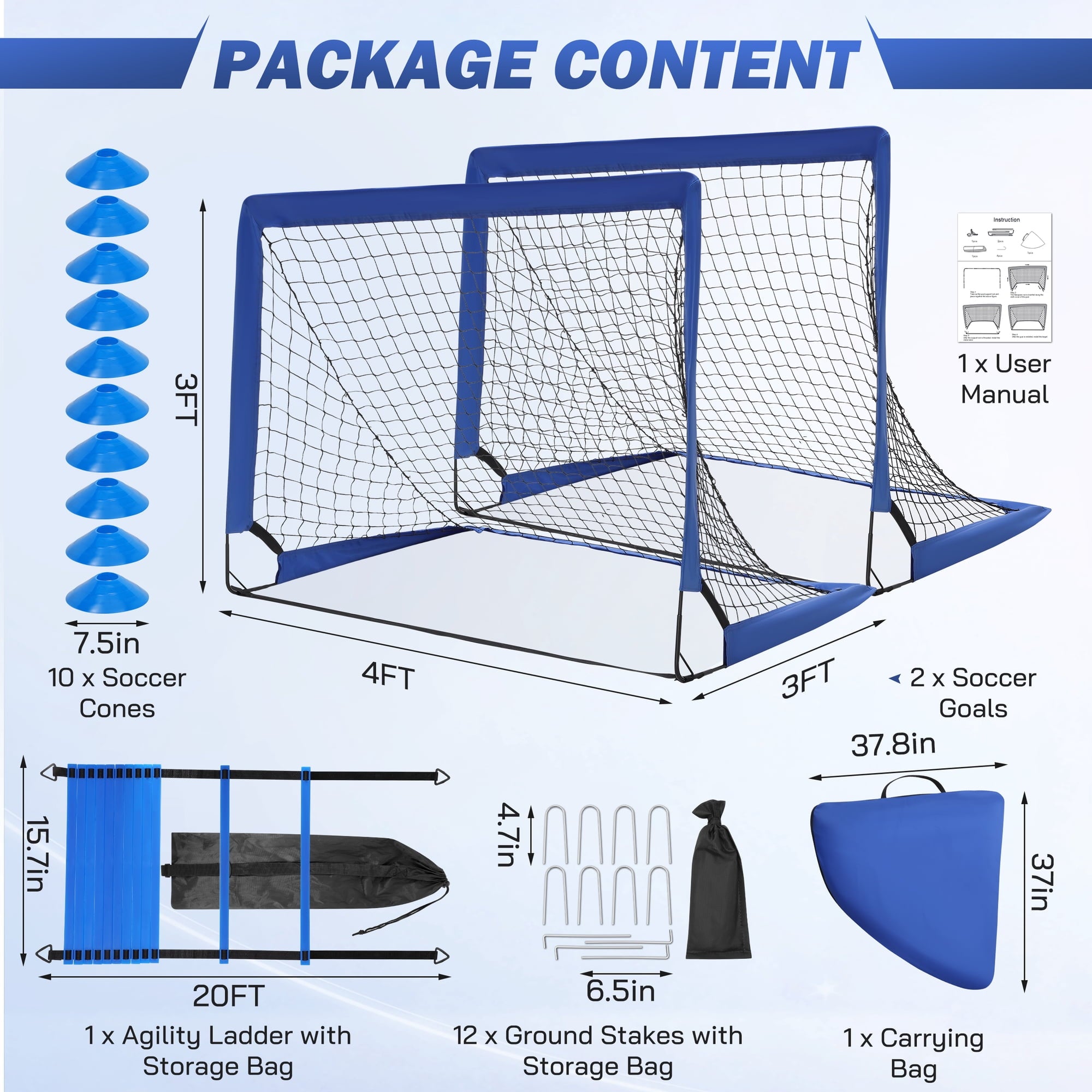Doulami Soccer Goal Portable Set of 2 Soccer Nets 3x4 FT Training Equipment with Ladder & Cone,Blue