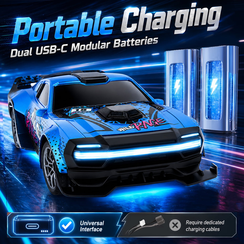 1:24 Scale RC Drift Car 4WD 2.4GHz 30KM/H High Speed Racing Sport Toy Car with LED Lights, Racing and Drift Wheels,Two Batteries