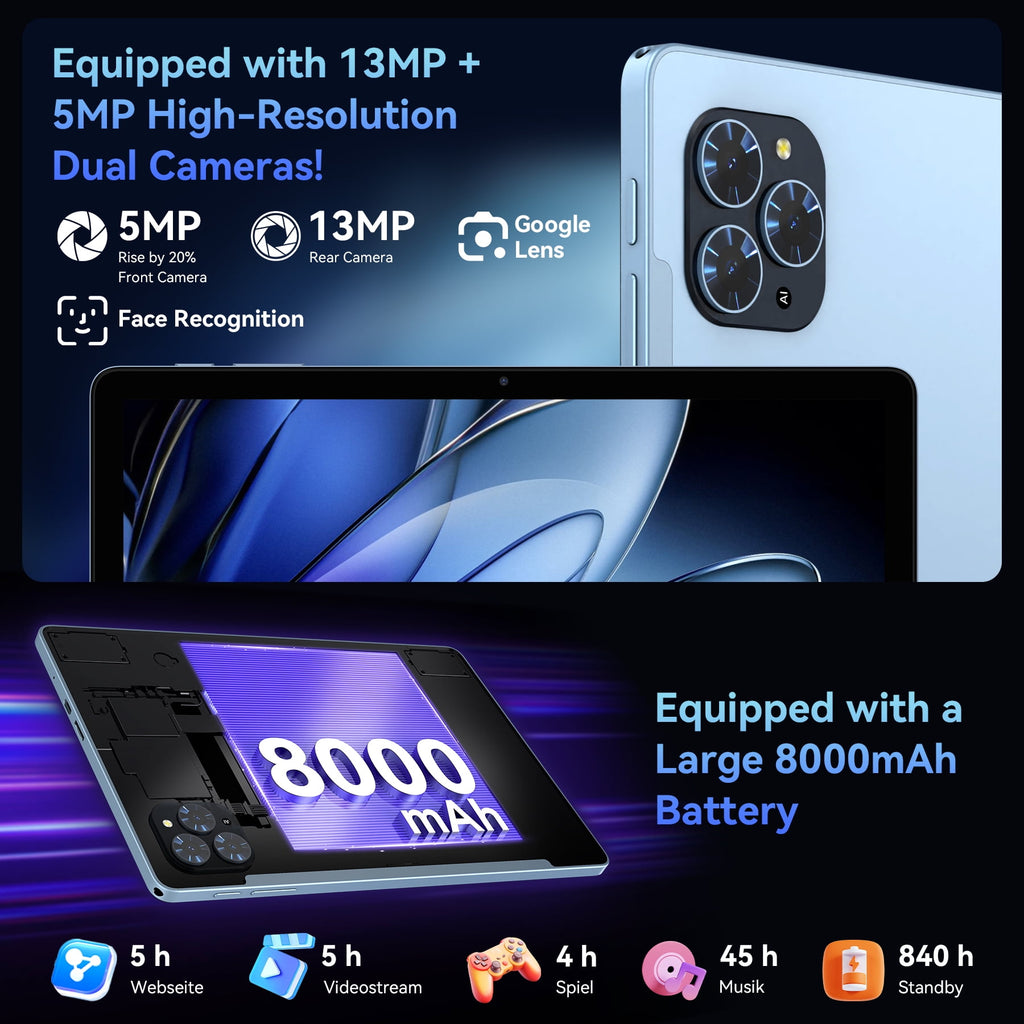Tablet 2026 Android 16 AI Tablet with Gemini AI, 11 Inch FHD Display, 24GB RAM 128GB ROM /2TB TF, T7250 CPU+13MP Camera, 8000mAh, Widevine L1, 2 in 1 Tablets with Keyboard Mouse Stylus, Blue
