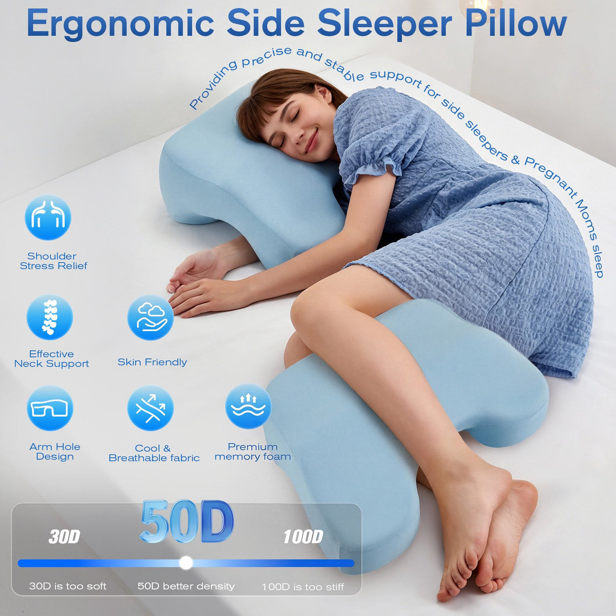 Side Sleeper Pillow with Blue, 2 in 1 Memory Foam Pillow for Adults, Relieves Rotator Cuff & Shoulder Pain, Comfort for Side, Back and Stomach Sleepers