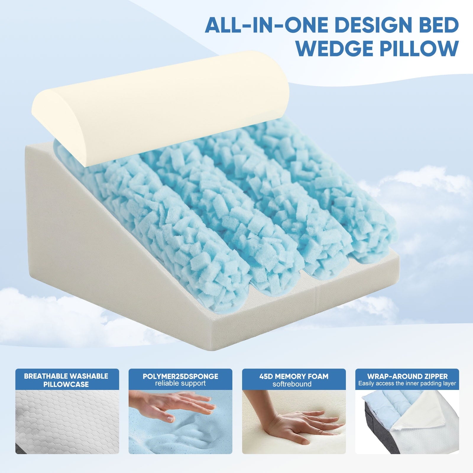 AMTPM Bed Wedge Pillow, Double Layer Memory Foam Wedge Pillow with Detachable Roll Pillow, Washable Cover & Side Pocket for Reading Relaxing