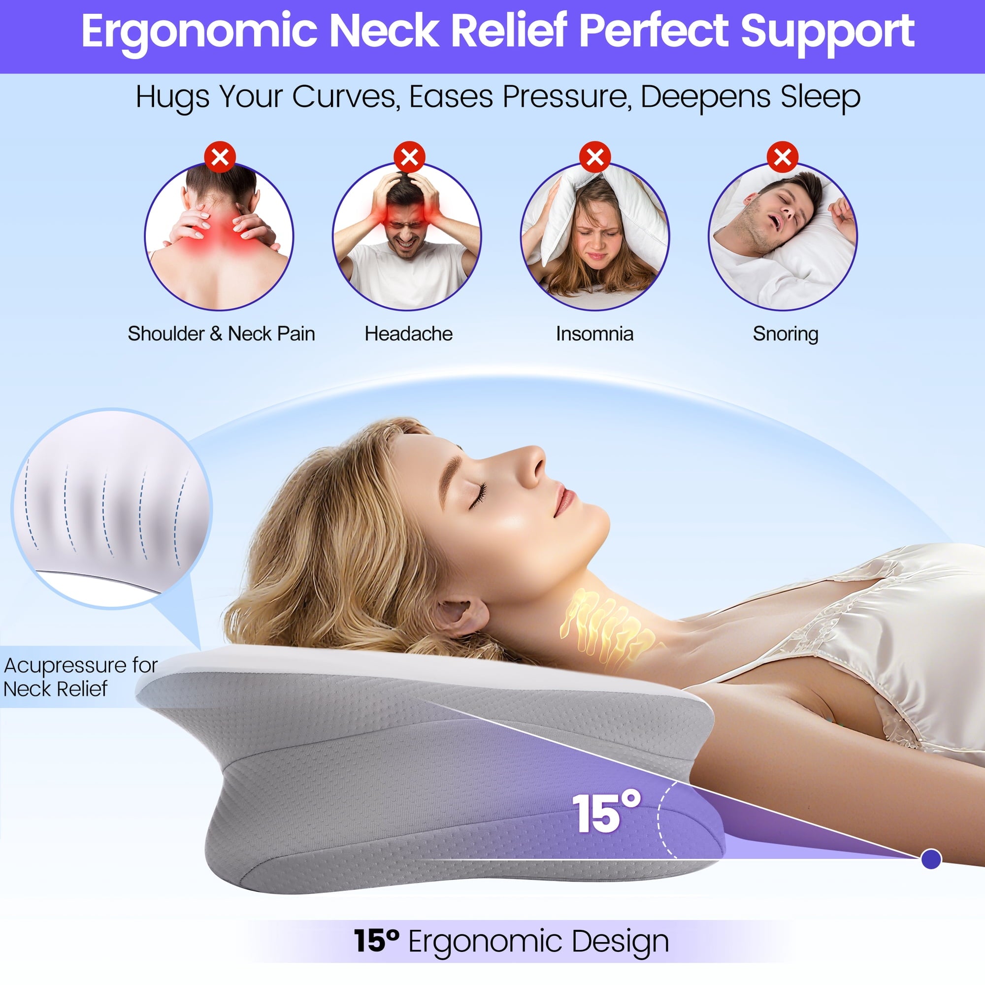 MOLBOX Cervical Contour Pillow, Ergonomic Memory Foam for Neck Pain, Side Sleeper, Cooling Cover, White