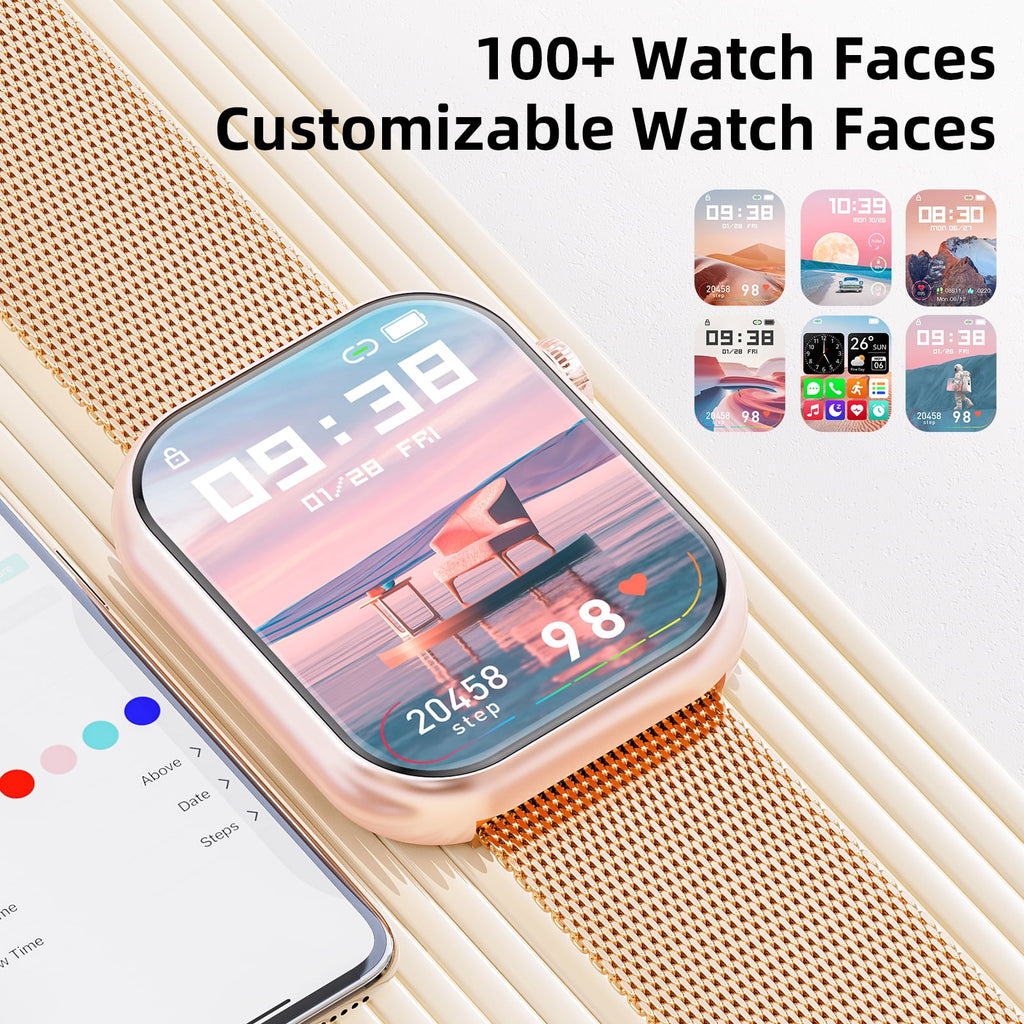 Mingdaln 1.85-inch Women's Smart watch with 2 watch straps/Answer/Make Calls/120+Sports Modes/ IP68 Waterproof，Fitness Tracker Fits for Android Iphone Devices（Gold Milan Steel Belt）
