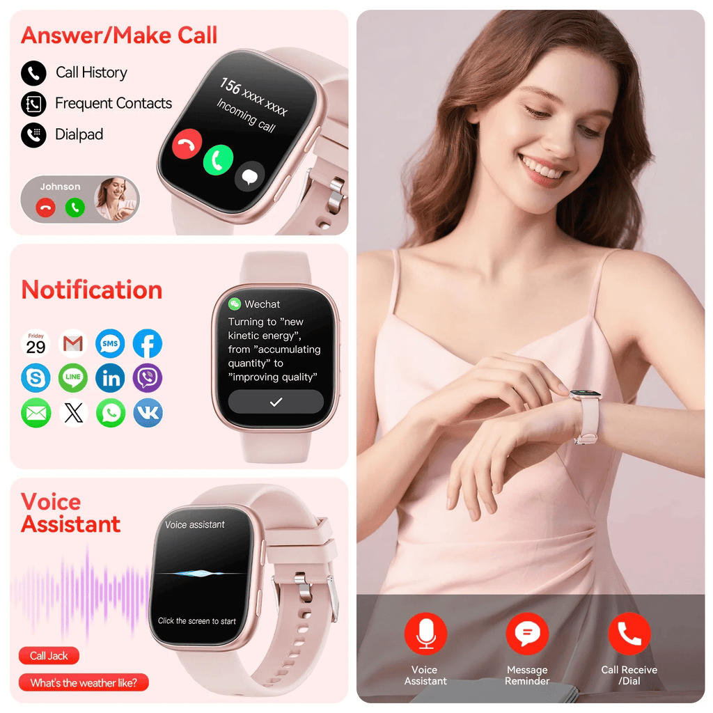 Smart Watch Fits for Android & iPhone, 1.85 inch Fitness Tracker, Men Womens Smartwatch with Make/Answer Calls/Message Reminder/100+ Sports Models, IP68 Waterproof Pedometer Watch, Perfect Gift, Pink