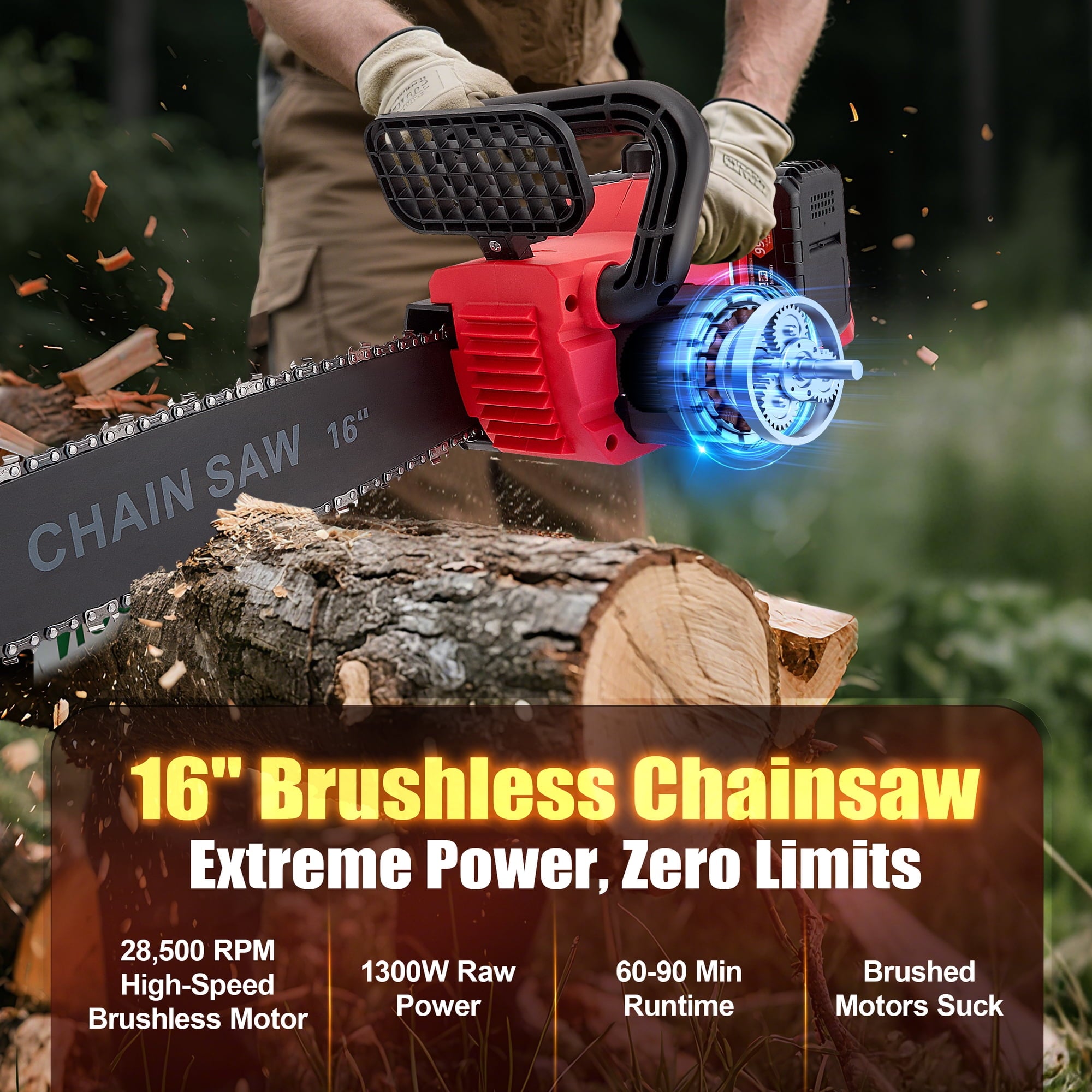 RELOIVE 16" Brushless Cordless Chainsaw, 42V 4000mAh with 3 Chains & Dual Chargers for Heavy-Duty Tree Cutting