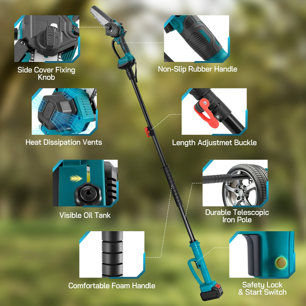 RELOIVE 2-in-1 Cordless Pole Saw & 6" Mini Chainsaw, 4.9-6.8FT Telescoping Branch Cutter with 2PCS 4000mAh Batteries and a Charger, Brushless Pole Saw for Tree Trimming, Wood Cutting