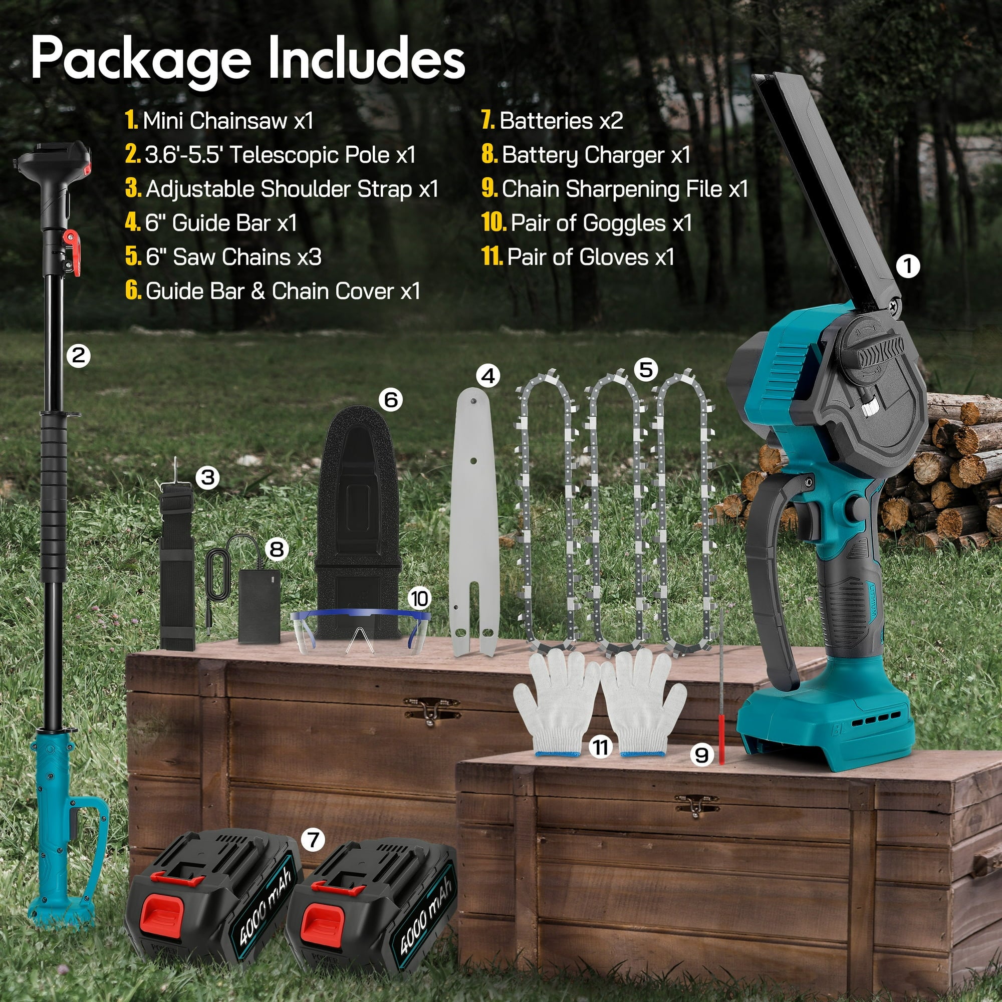 RELOIVE 2-in-1 Cordless Pole Saw & 6" Mini Chainsaw, 4.9-6.8FT Telescoping Branch Cutter with 2PCS 4000mAh Batteries and a Charger, Brushless Pole Saw for Tree Trimming, Wood Cutting