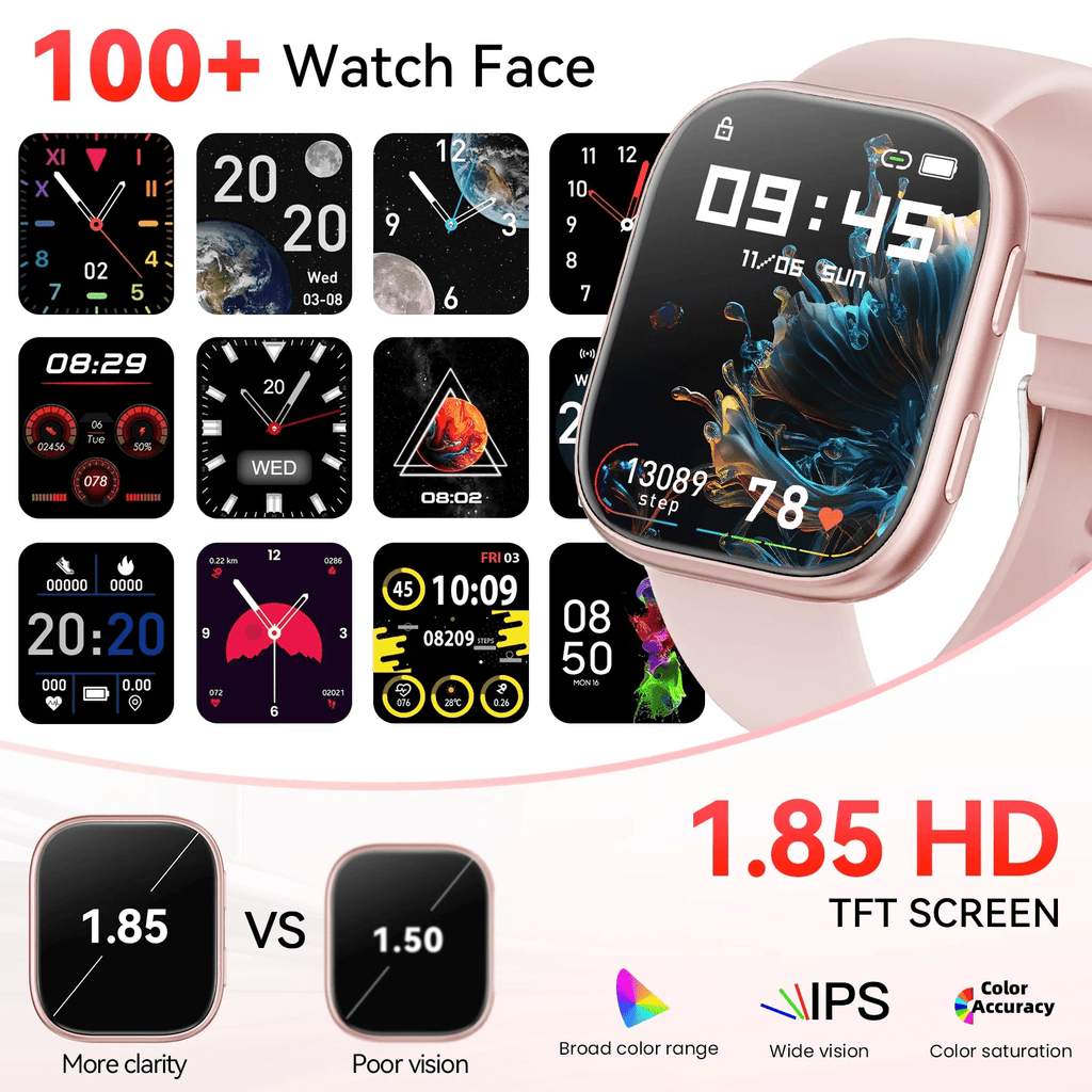 Smart Watch Fits for Android & iPhone, 1.85 inch Fitness Tracker, Men Womens Smartwatch with Make/Answer Calls/Message Reminder/100+ Sports Models, IP68 Waterproof Pedometer Watch, Perfect Gift, Pink