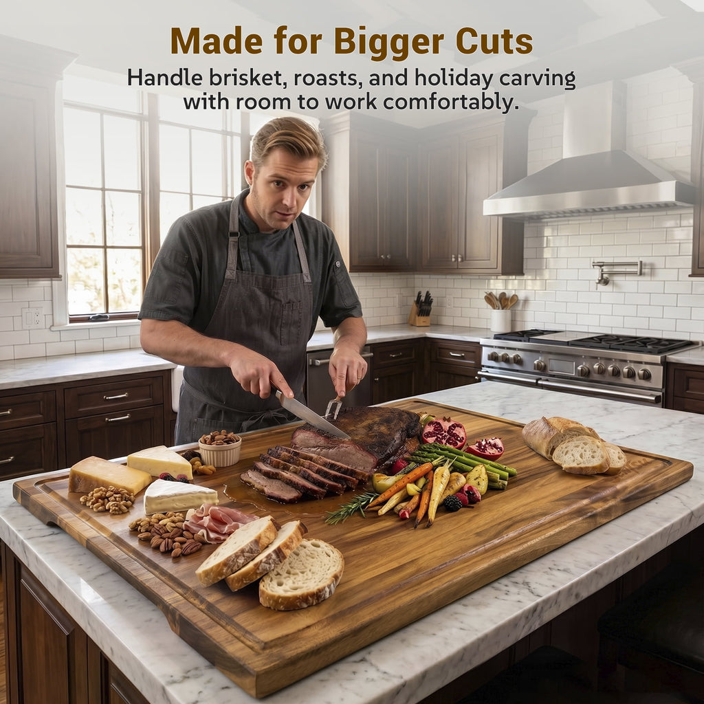 Sentsu 36x24 Extra Large Acacia Wood Cutting Boards with Juice Groove and Handles, 5XL Stove Top Cover Thick Heavy Duty Pre-Oiled