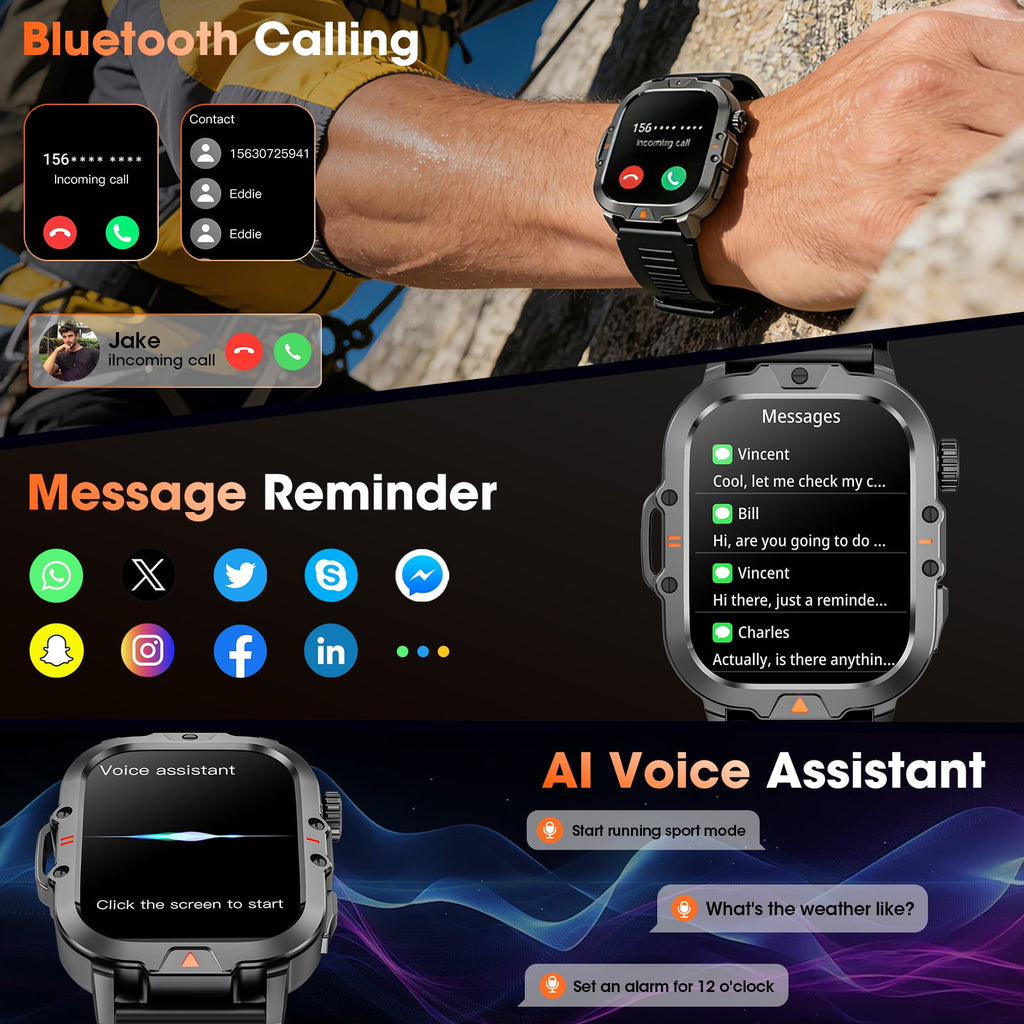 Smartwatch for Men with Fitness Tracker, 2.01-inch Answer/Make Calls/100+ Sport Modes, IP68 Waterproof, men's Military Smartwatch compatible with Android IPhone Devices (Black)