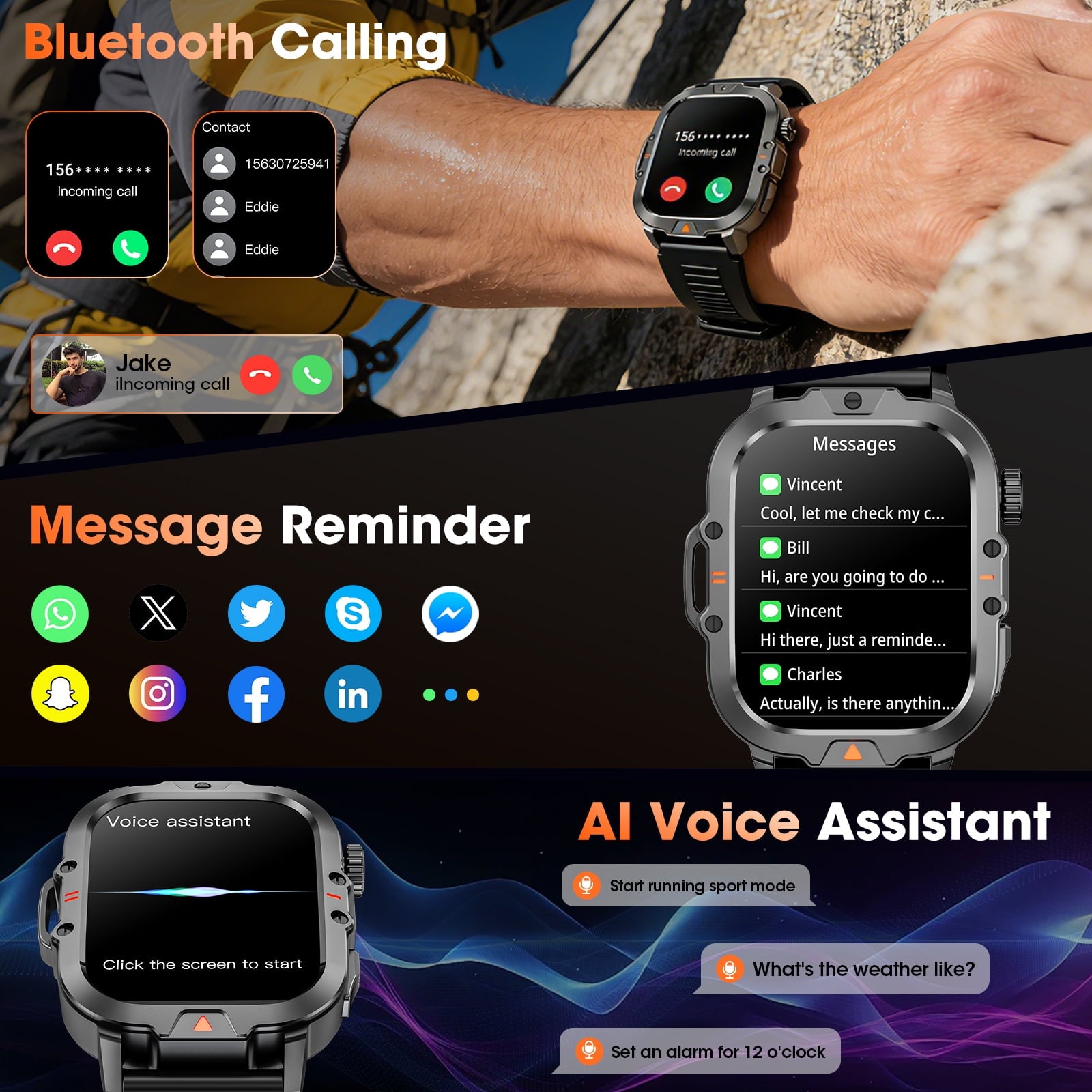Smartwatch for Men with Fitness Tracker, 2.01-inch Answer/Make Calls/100+ Sport Modes, IP68 Waterproof, men's Military Smartwatch compatible with Android IPhone Devices (Black)