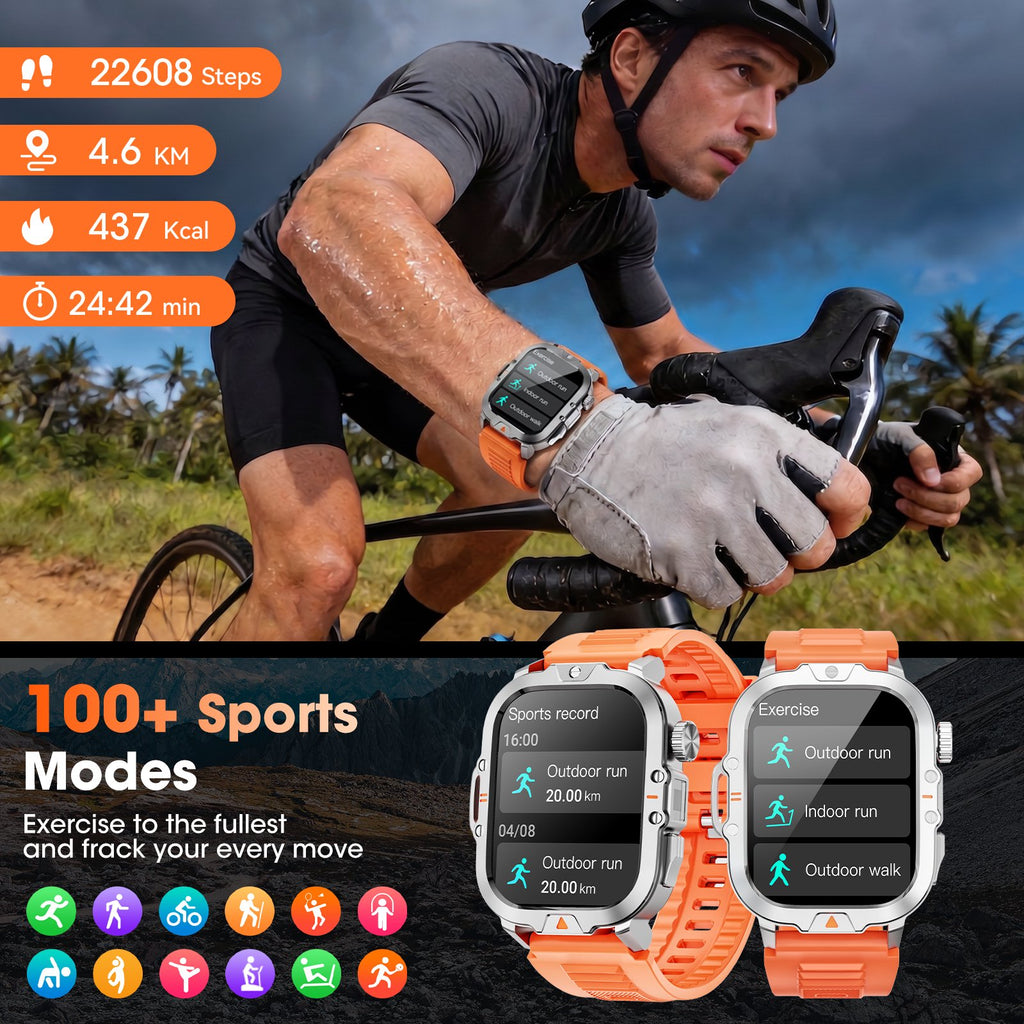 Smartwatch for Men with Fitness Tracker, 2.01-inch Answer/Make Calls/100+ Sport Modes, IP68 Waterproof, men's Military Smartwatch compatible with Android IPhone Devices (Orange)