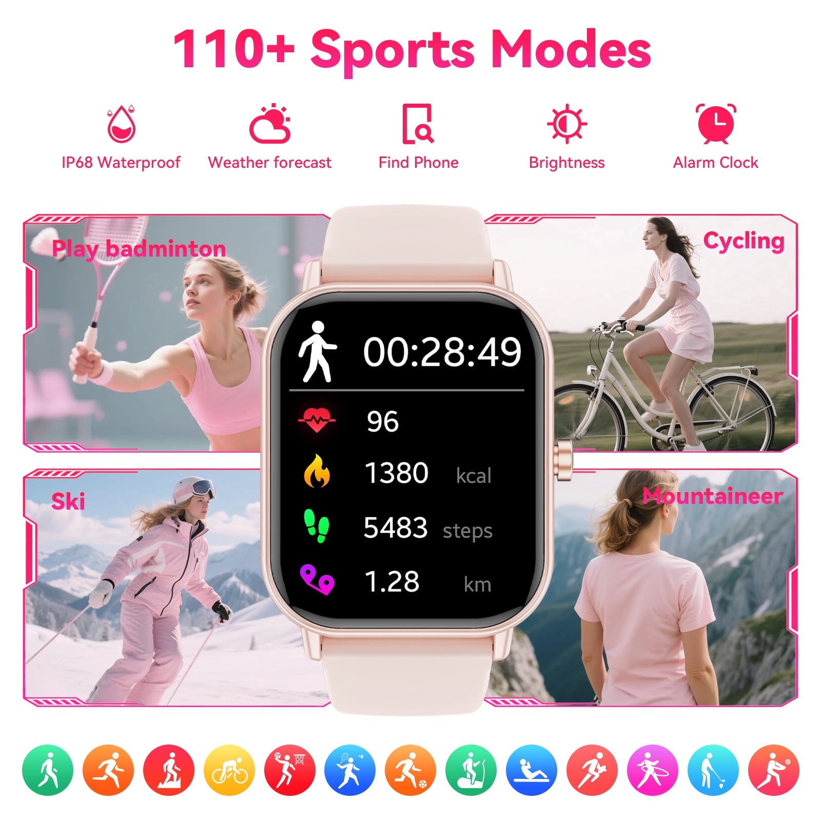 Smart Watch for Women Men, fits for Android and IPhone Devices, Fitness Tracker/pedometer, 1.85-inch smartwatch Gift, Answer/Make Calls/120 Sports Modes, IP68 Water-Resistant Fitness Watch (Pink)