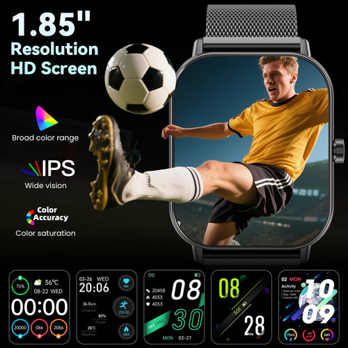 1.85-Inch Men's and Women's smartwatch fits for Android and iPhone Devices with Fitness Tracker, Pedometer, Answer/Call/120 Sport Modes, IP68 Waterproof Fitness Watch (Milanese Steel Band)