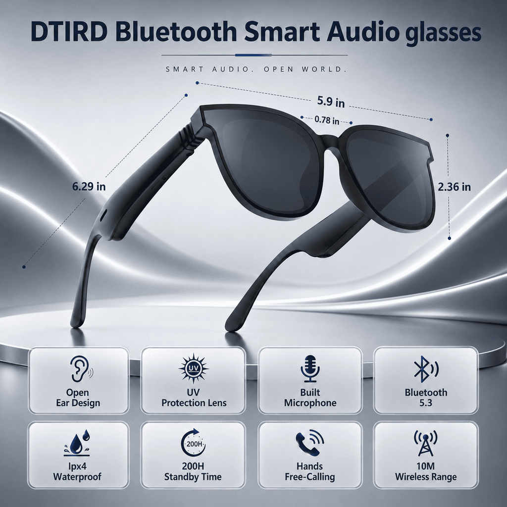 Bluetooth Glasses for Men & Women, AI Smart glasses Music Sunglasses with Open-Ear Speaker, Voice Control & HD Mic, UV400 Lens, 10H Playtime,Waterproof Music Glasses for Driving Travel Work, gifts