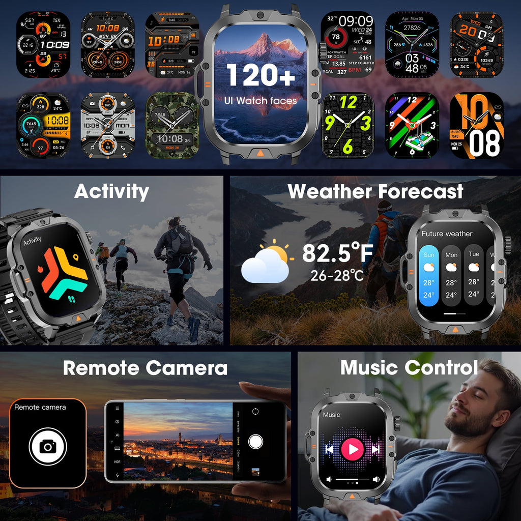 Smartwatch for Men with Fitness Tracker, 2.01-inch Answer/Make Calls/100+ Sport Modes, IP68 Waterproof, men's Military Smartwatch compatible with Android IPhone Devices (Black)
