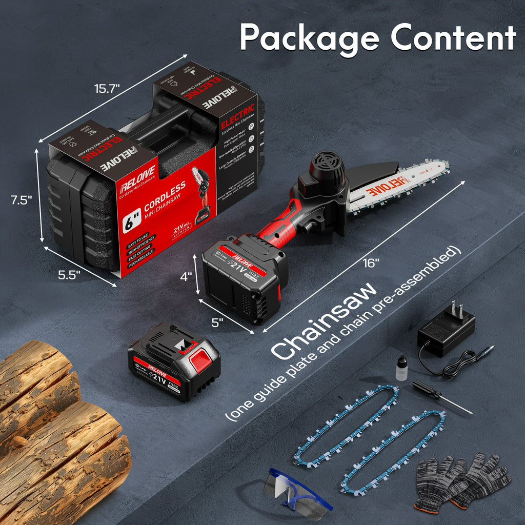 RELOIVE 6 in Mini Chainsaw with 2PCS 2.0 Ah Batteries 3 Chains,Cordless Small Handheld Chain Saw for Wood Cutting Tree Trimming