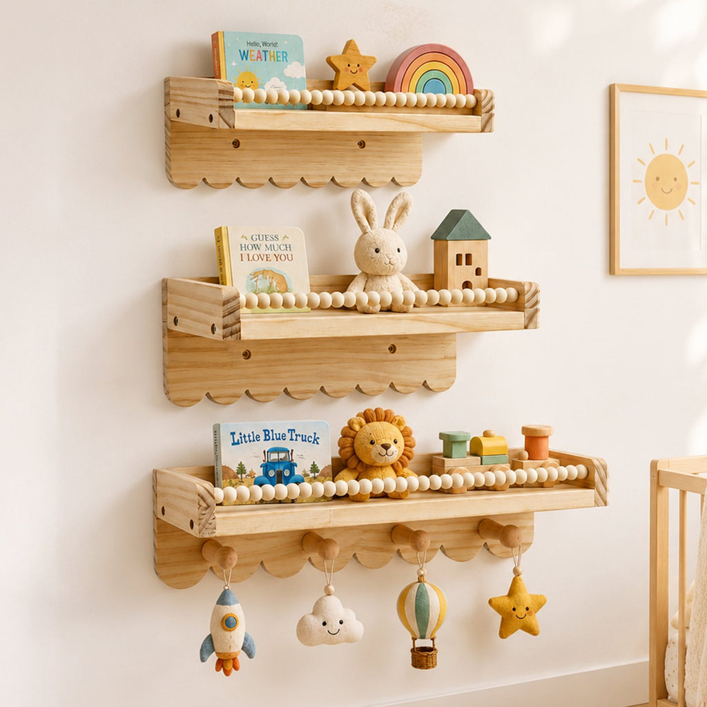 Doulami Nursery Bookshelf, Set of 3 Pine Wall Shelves with Hooks for Kids Room Gift, Nursery Book and Toy Storage, Neutral Nursery Decor