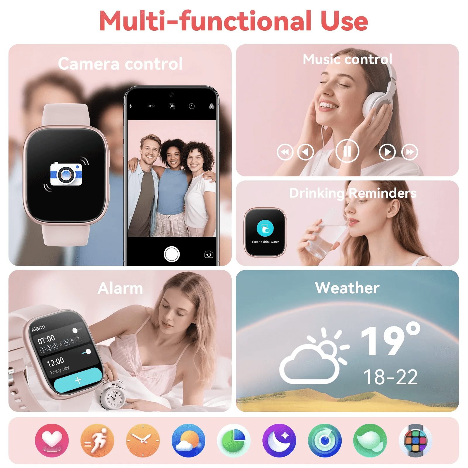 Smart Watch Fits for Android & iPhone, 1.85 inch Fitness Tracker, Men Womens Smartwatch with Make/Answer Calls/Message Reminder/100+ Sports Models, IP68 Waterproof Pedometer Watch, Perfect Gift, Pink