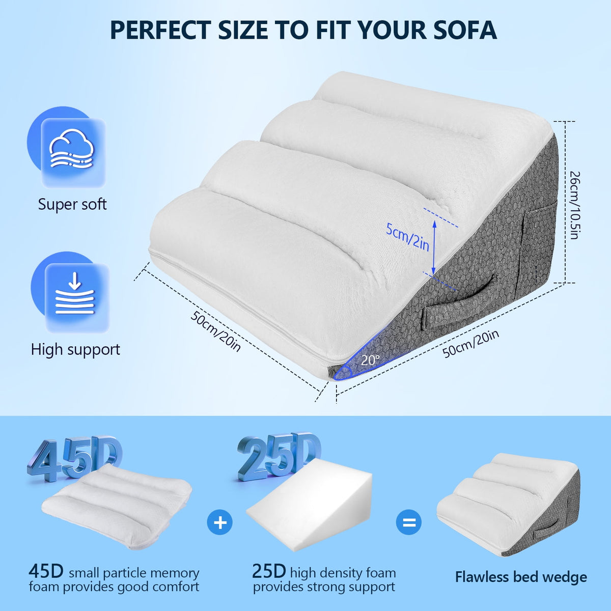 Doulami Bed Wedge Pillow Memory Foam Sleeping Support Pillow, Dual Layer bed wedge pillow for sleeping upright, Washable Cover