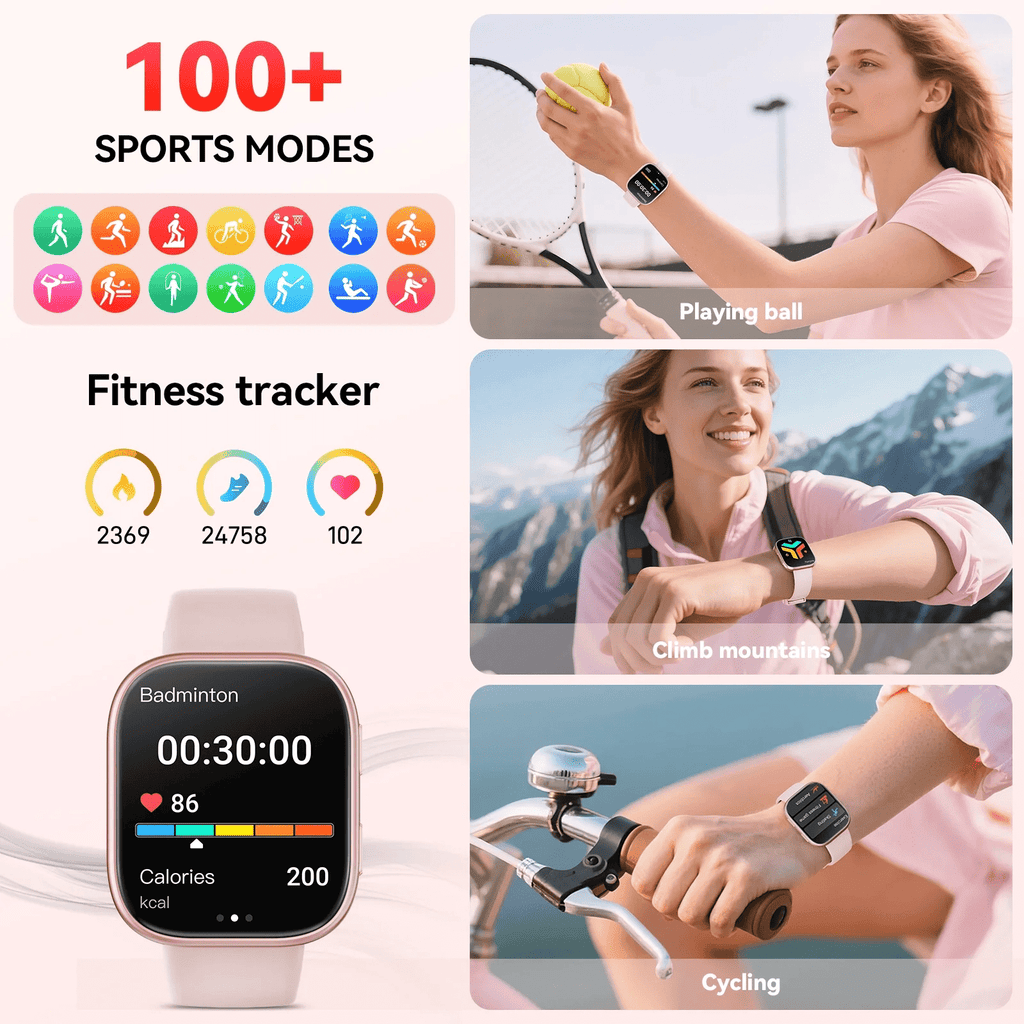 Smart Watch Fits for Android & iPhone, 1.85 inch Fitness Tracker, Men Womens Smartwatch with Make/Answer Calls/Message Reminder/100+ Sports Models, IP68 Waterproof Pedometer Watch, Perfect Gift, Pink