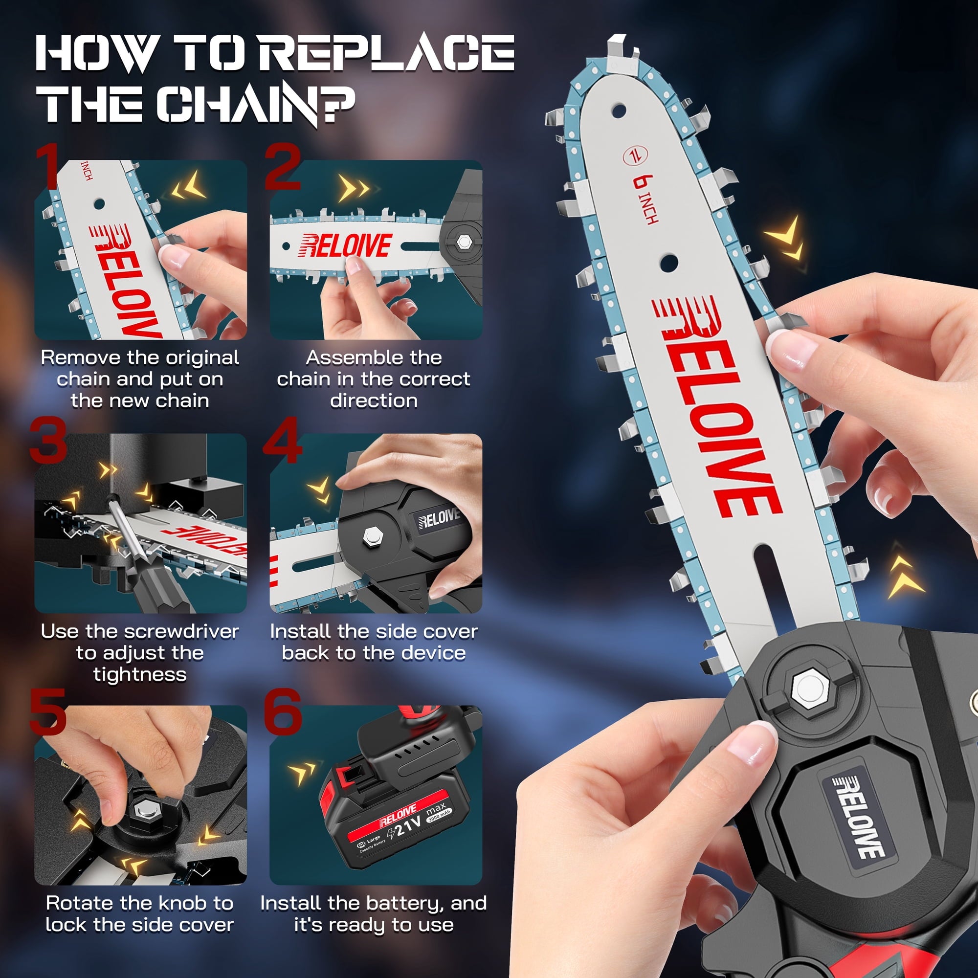 RELOIVE 6 in Mini Chainsaw with 2PCS 2.0 Ah Batteries 3 Chains,Cordless Small Handheld Chain Saw for Wood Cutting Tree Trimming