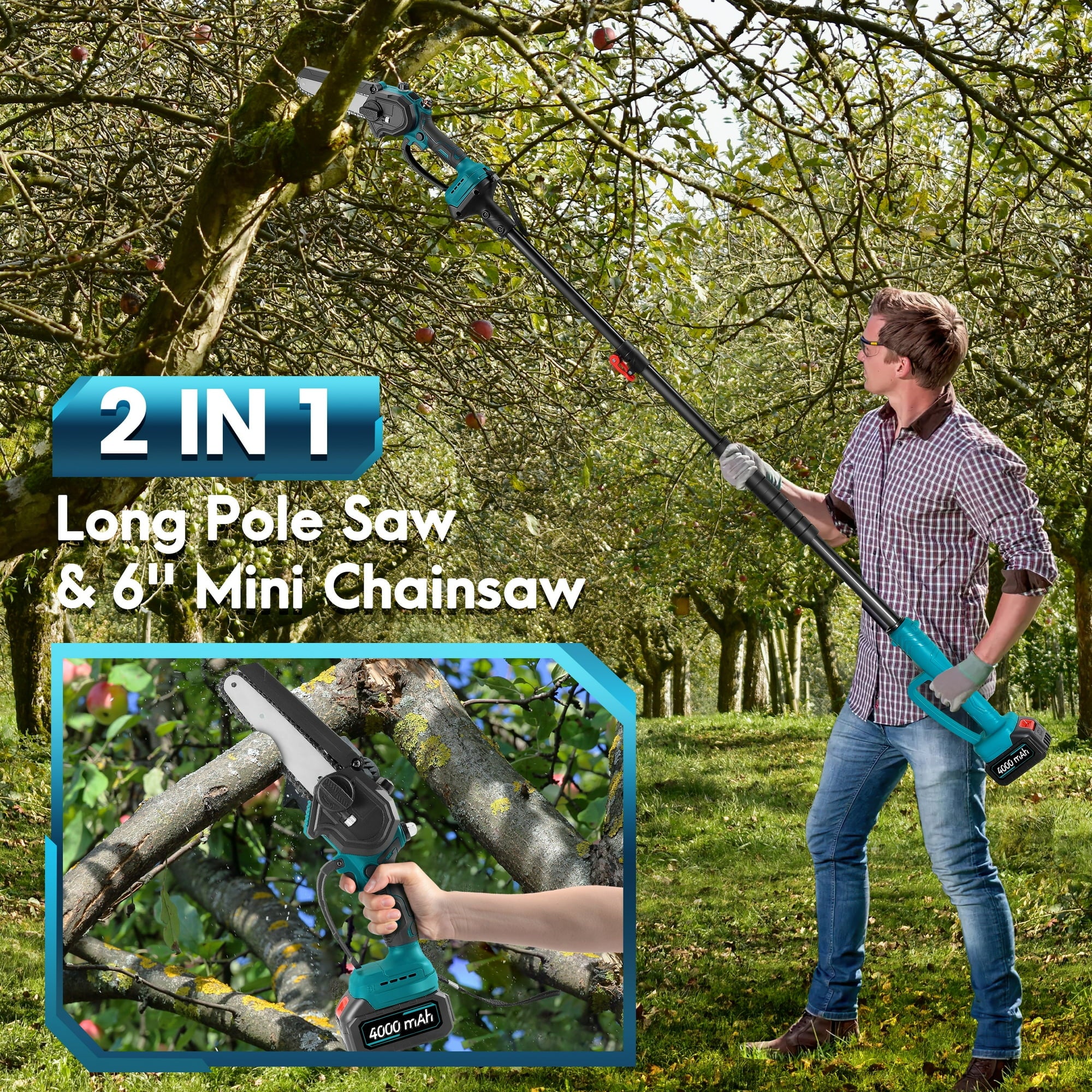 RELOIVE 2-in-1 Cordless Pole Saw & 6" Mini Chainsaw, 4.9-6.8FT Telescoping Branch Cutter with 2PCS 4000mAh Batteries and a Charger, Brushless Pole Saw for Tree Trimming, Wood Cutting