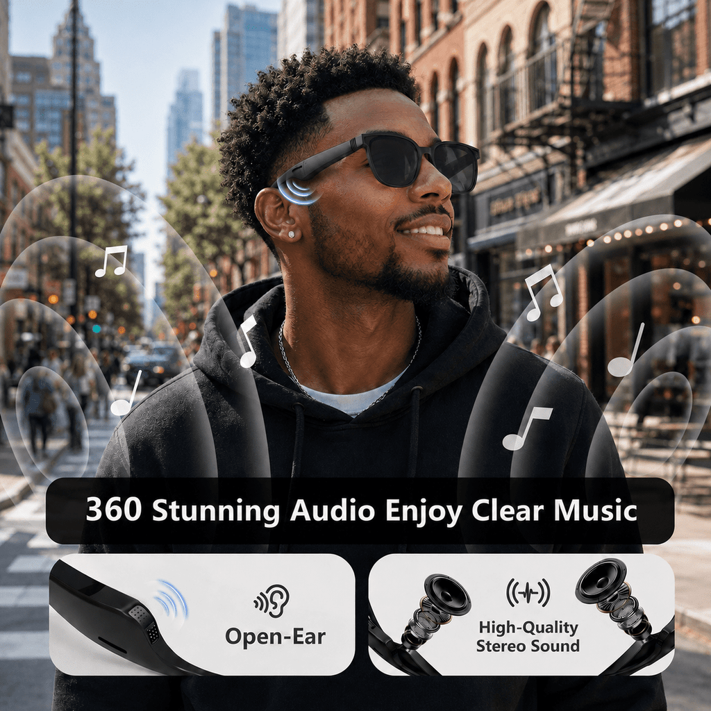 Bluetooth Glasses for Men & Women, AI Smart glasses Music Sunglasses with Open-Ear Speaker, Voice Control & HD Mic, UV400 Lens, 10H Playtime,Waterproof Music Glasses for Driving Travel Work, gifts