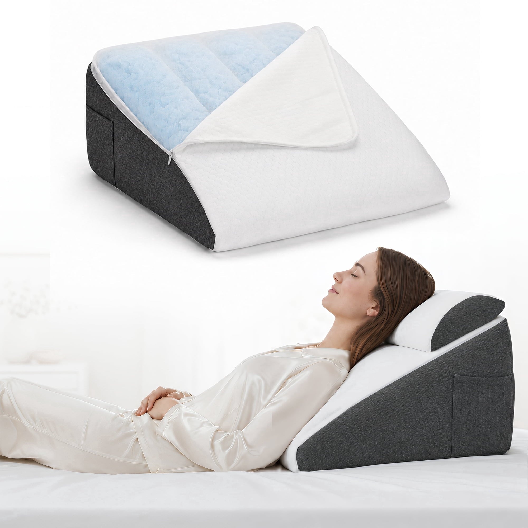 AMTPM Bed Wedge Pillow, Double Layer Memory Foam Wedge Pillow with Detachable Roll Pillow, Washable Cover & Side Pocket for Reading Relaxing