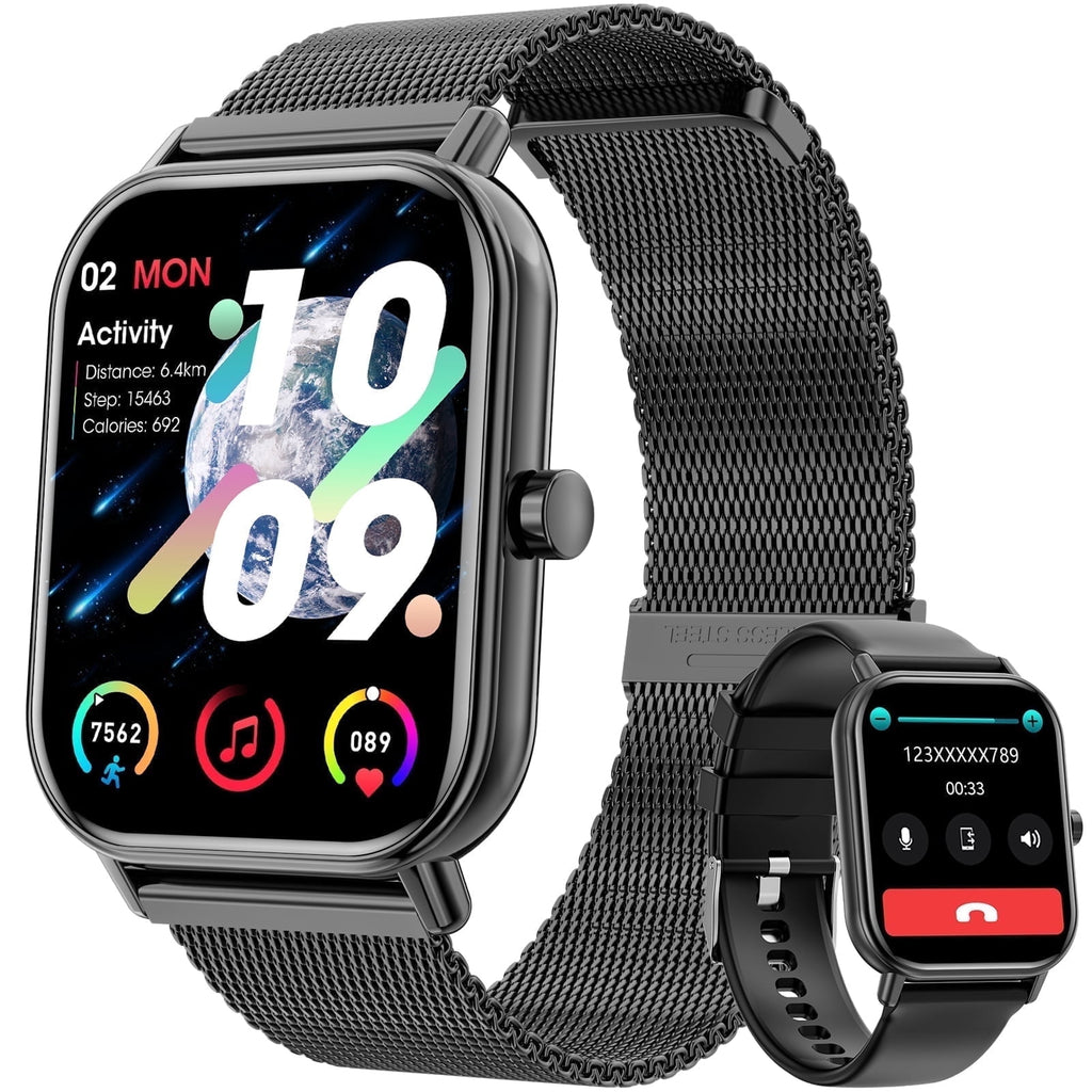 Mingdaln Smart Watch fits for Android and Iphone, IP68 Waterproof, Suitable for Women Men 100+Sports Modes 1.85 inch Fitness Tracker, with Answer/Make Calls/Message Reminder, （Two watch straps ）