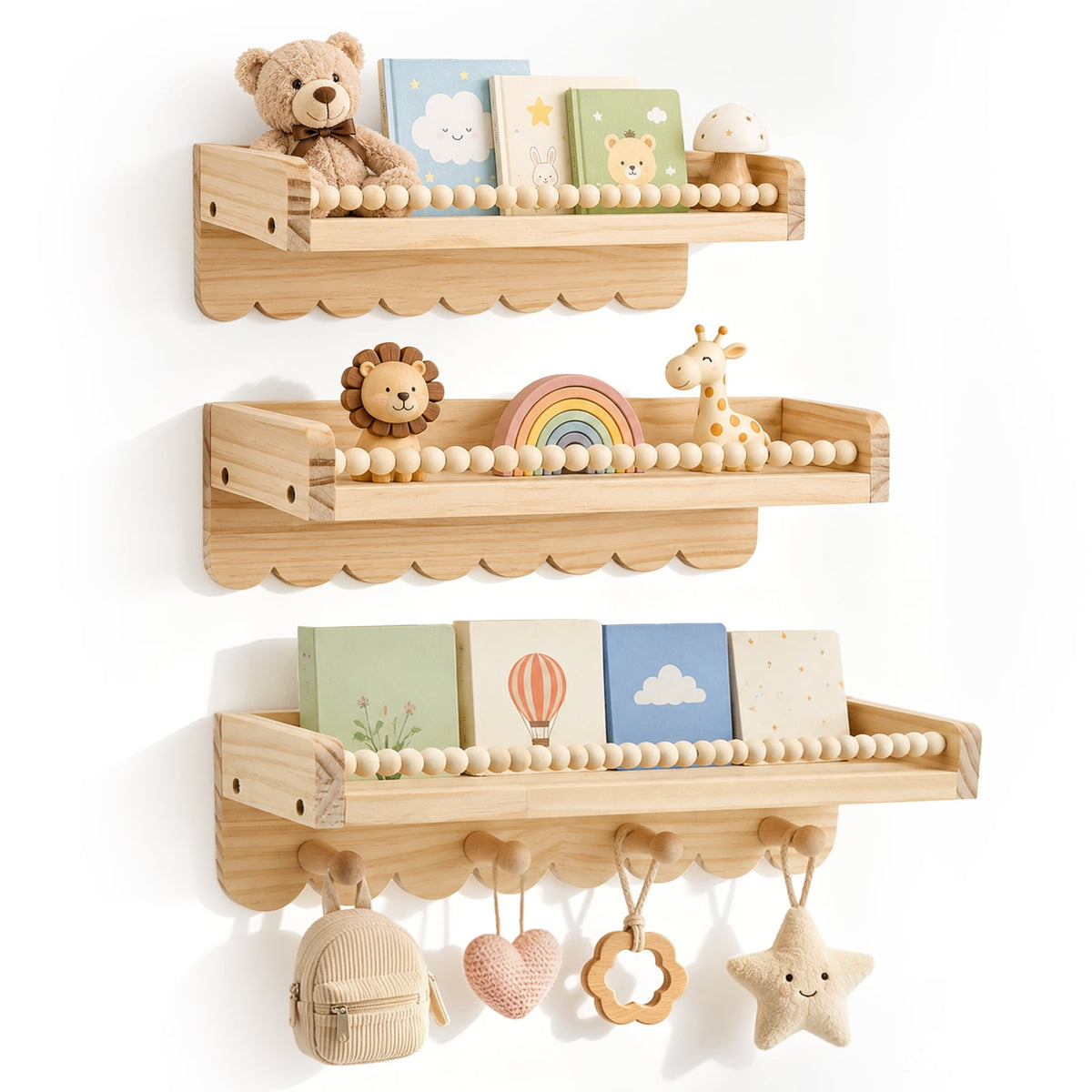 Doulami Nursery Bookshelf, Set of 3 Pine Wall Shelves with Hooks for Kids Room Gift, Nursery Book and Toy Storage, Neutral Nursery Decor
