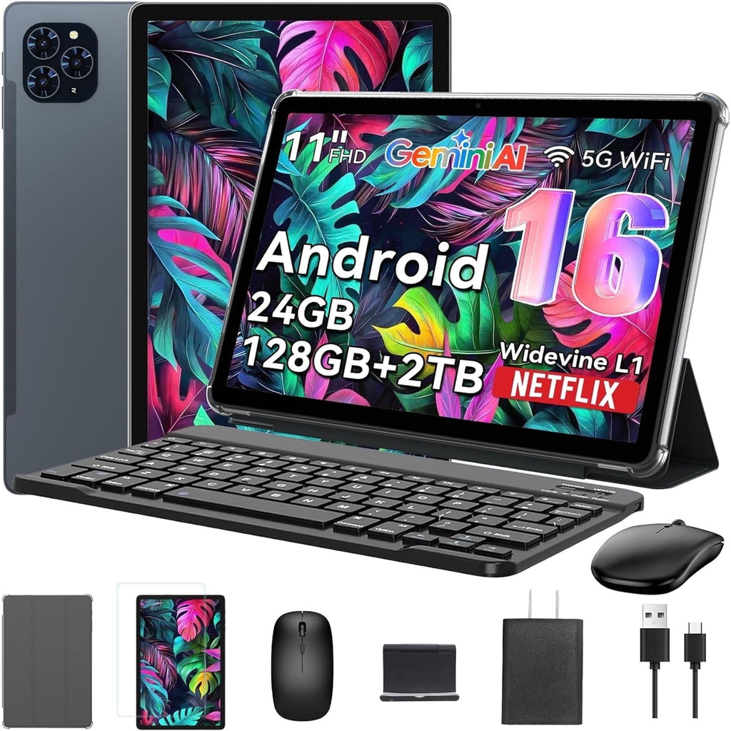 Tablet 2026 World's First Android 16 AI Tablet with Gemini AI, 11 Inch FHD Display, 24GB RAM 128GB ROM /2TB TF, T7250 CPU+13MP Camera, 8000mAh, Widevine L1, 2 in 1 Tablets with Keyboard Mouse Stylus