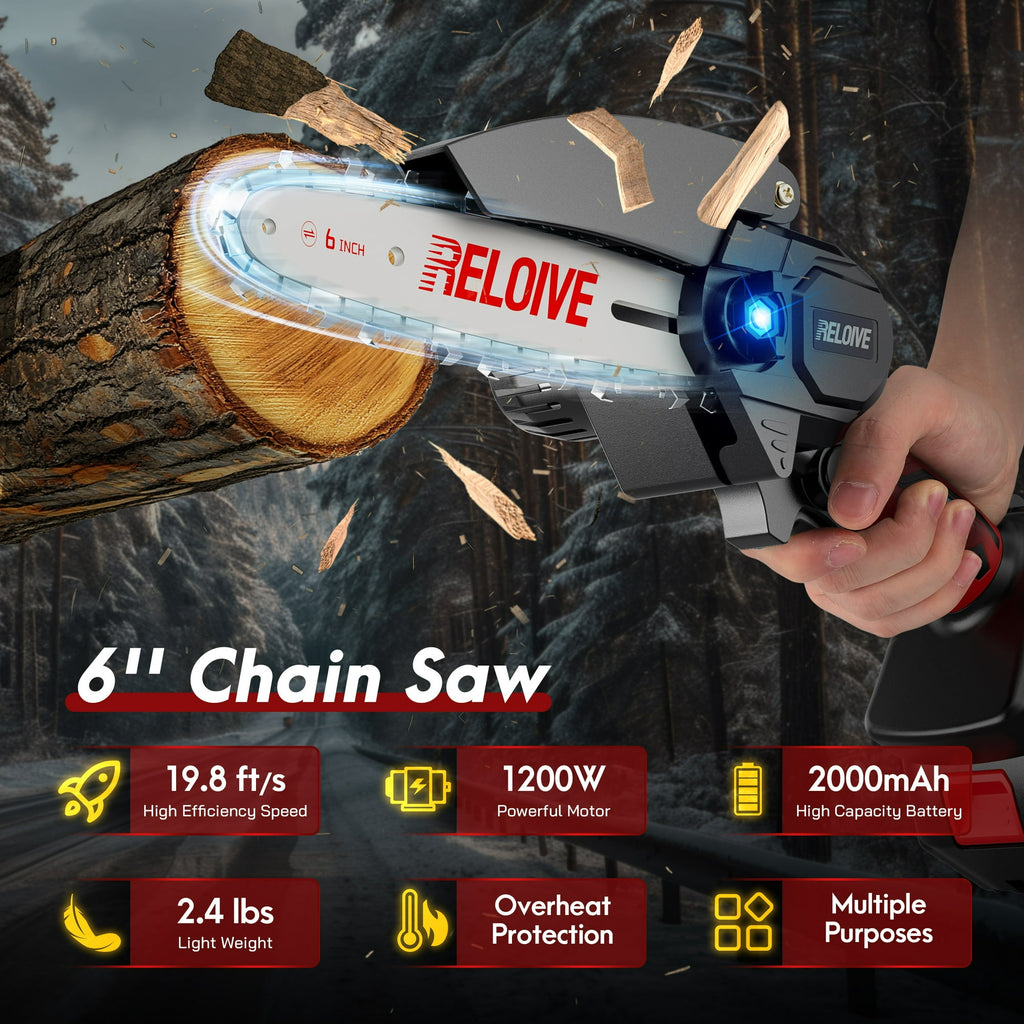 RELOIVE 6 in Mini Chainsaw with 2PCS 2.0 Ah Batteries 3 Chains,Cordless Small Handheld Chain Saw for Wood Cutting Tree Trimming