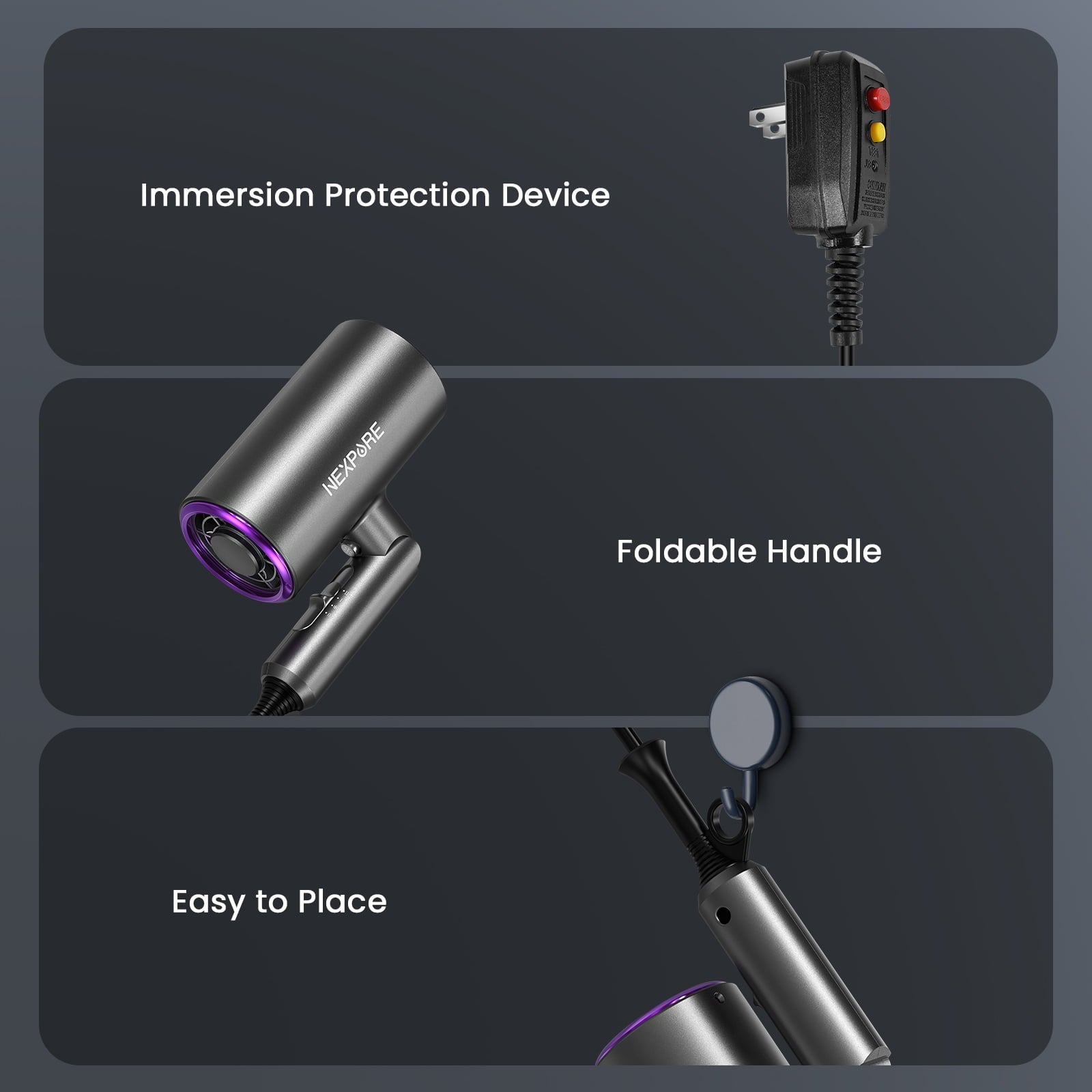 Hair Dryer, NEXPURE 1800W Professional Ionic Blow Dryer for Hair Care, Powerful Wind for Hair Drying, 2 Attachments, Grey