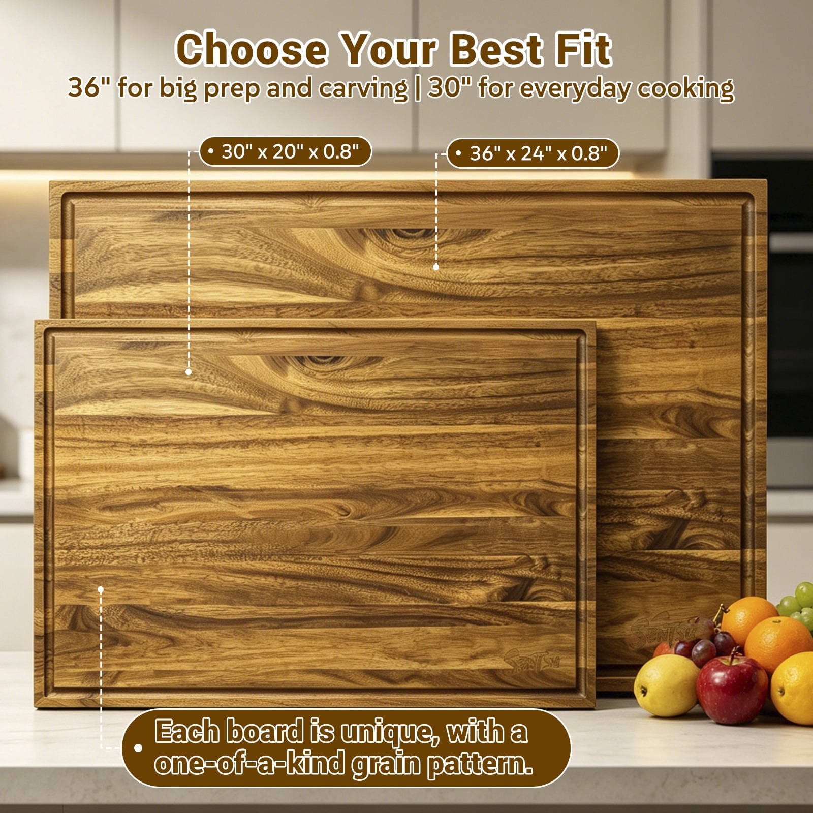 Sentsu 36x24 Extra Large Acacia Wood Cutting Boards with Juice Groove and Handles, 5XL Stove Top Cover Thick Heavy Duty Pre-Oiled