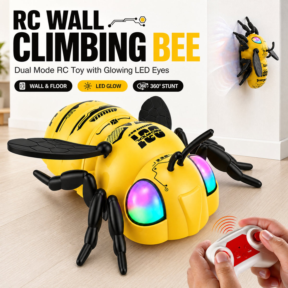 Doulami Remote Control Bee Toy, 2.4GHz Wall Climbing RC Toy for Kids, LED Glow Eyes & 360° Rotation Climbing Bug with 2 Batteries, Quiet Prank Toy for Boys & Girls Birthday Gift