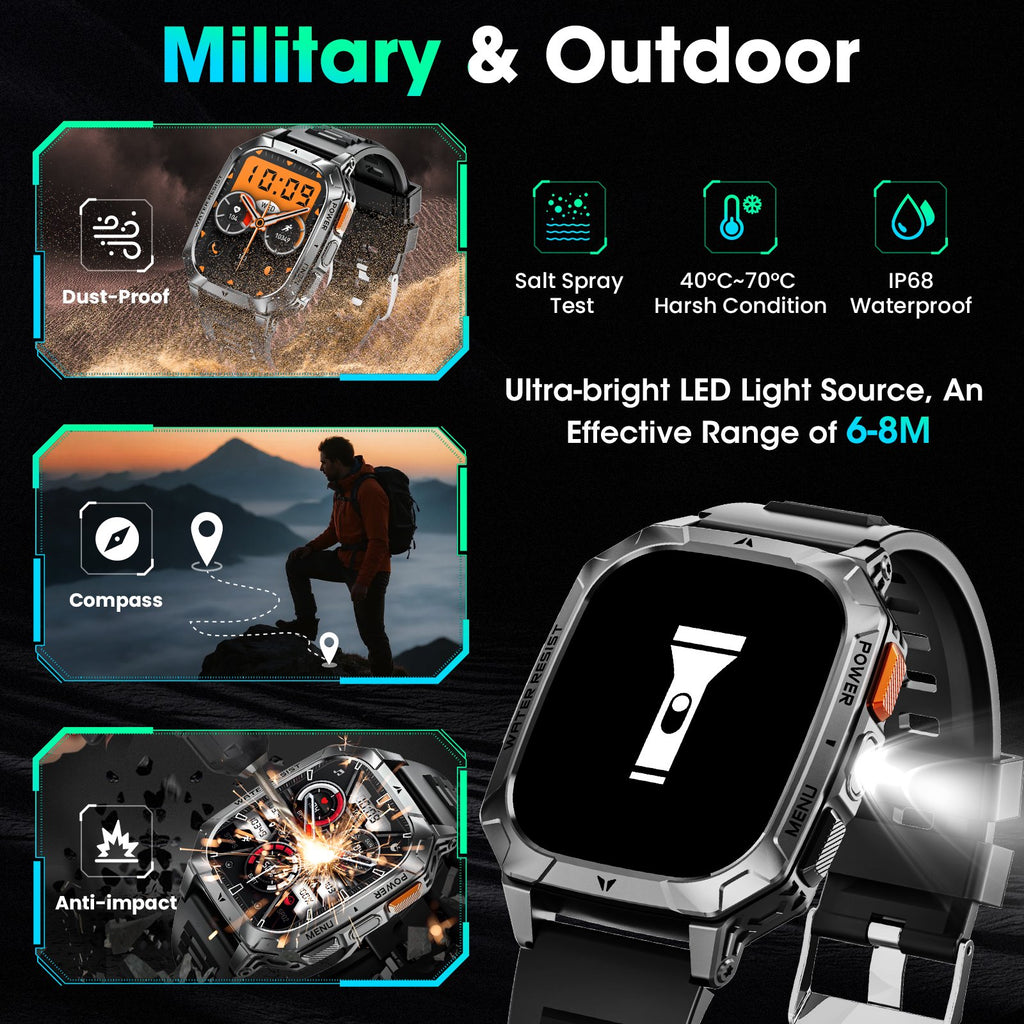 Smart Watch for Men, 2.01" HD 1400mAh Smart Watch Fits for Android and iPhone, Fitness Tracker, Military Smart Watch with 100 + Sports Modes, Bluetooth Call/Answer, IP68 Waterproof Smartwatch, Gifts