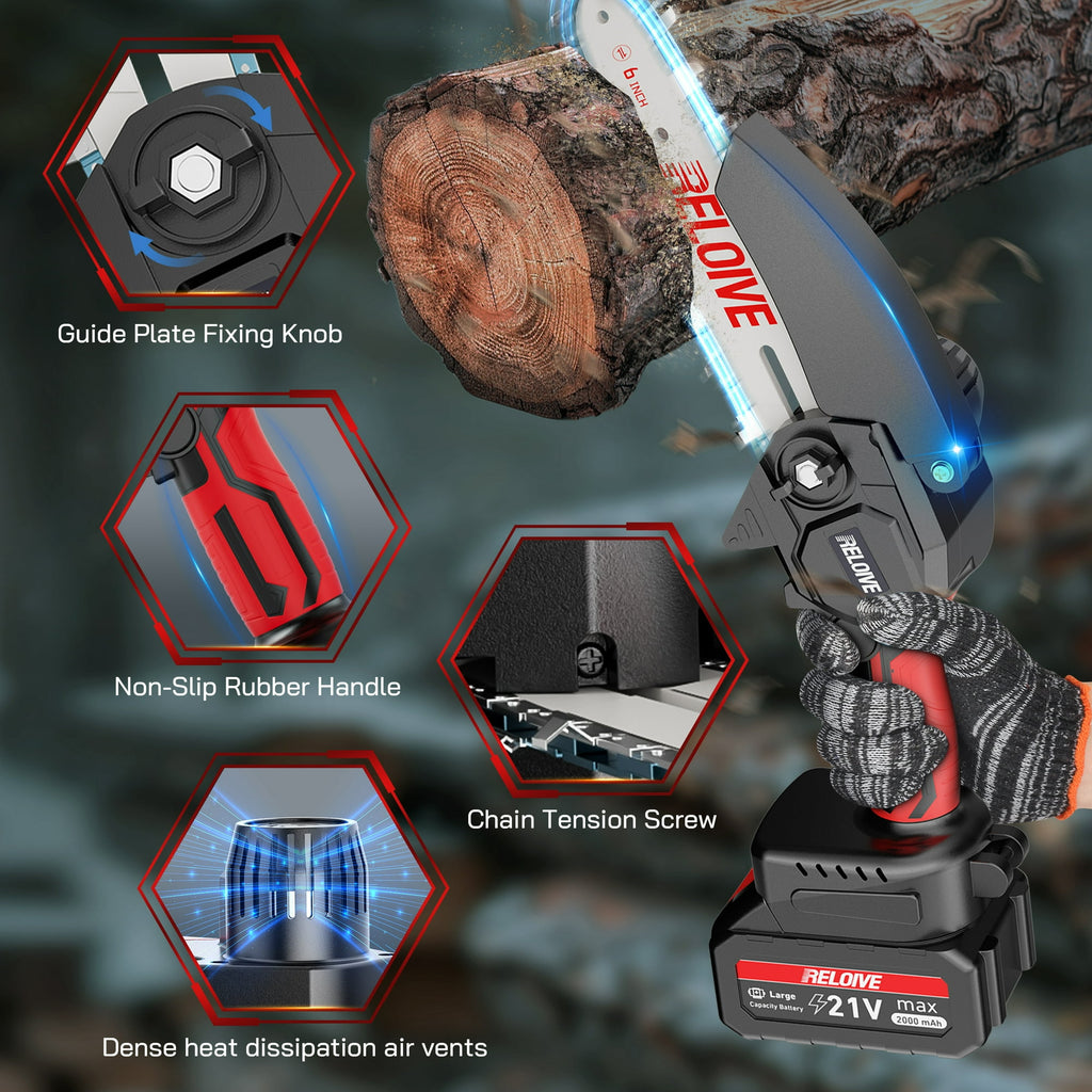RELOIVE 6 in Mini Chainsaw with 2PCS 2.0 Ah Batteries 3 Chains,Cordless Small Handheld Chain Saw for Wood Cutting Tree Trimming