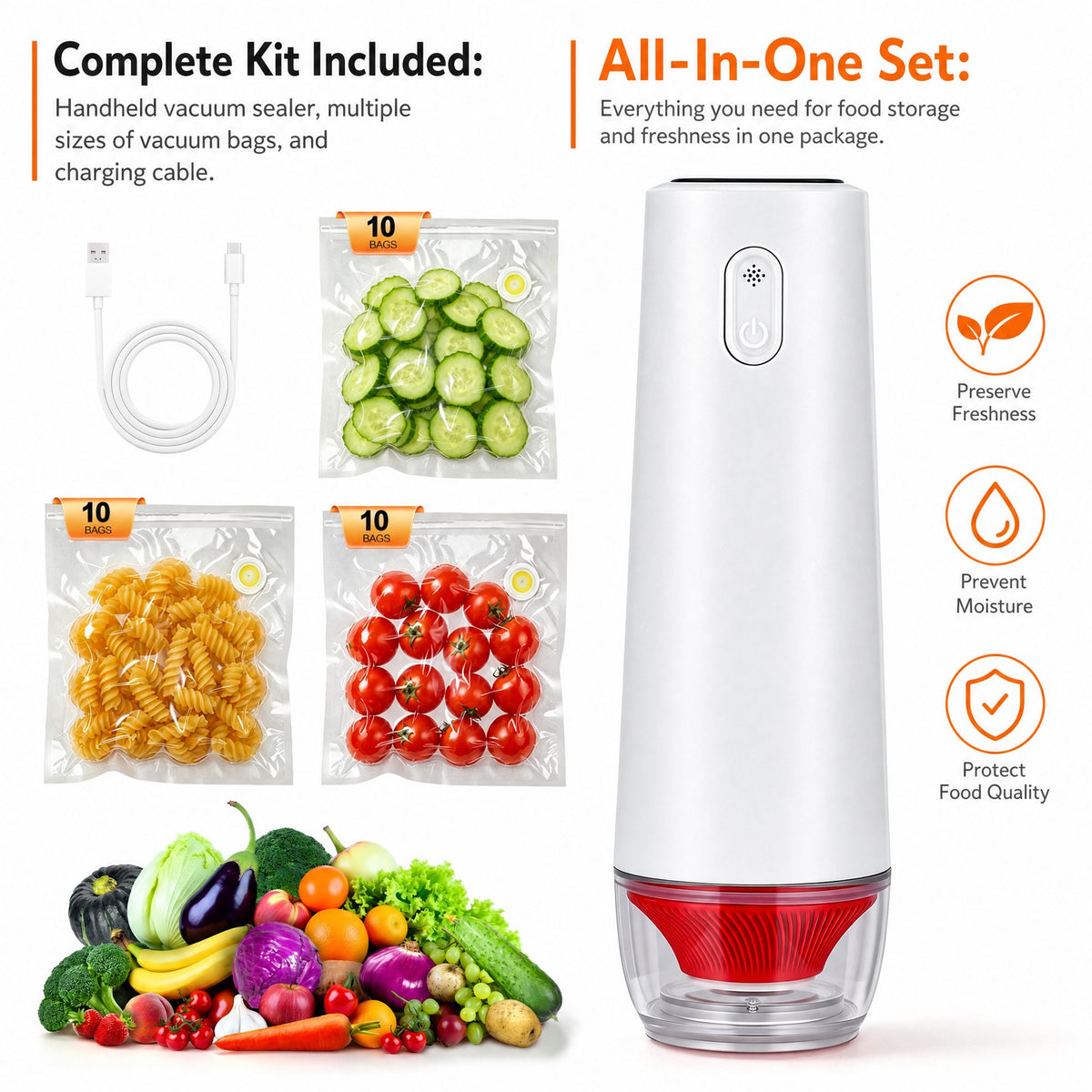 Doulami Handheld Vacuum Sealer for Food, 40KPA Seal Meal Saver, Compact Handheld Vacuum Sealer with 30 Reusable Bags, Portable Food Sealer
