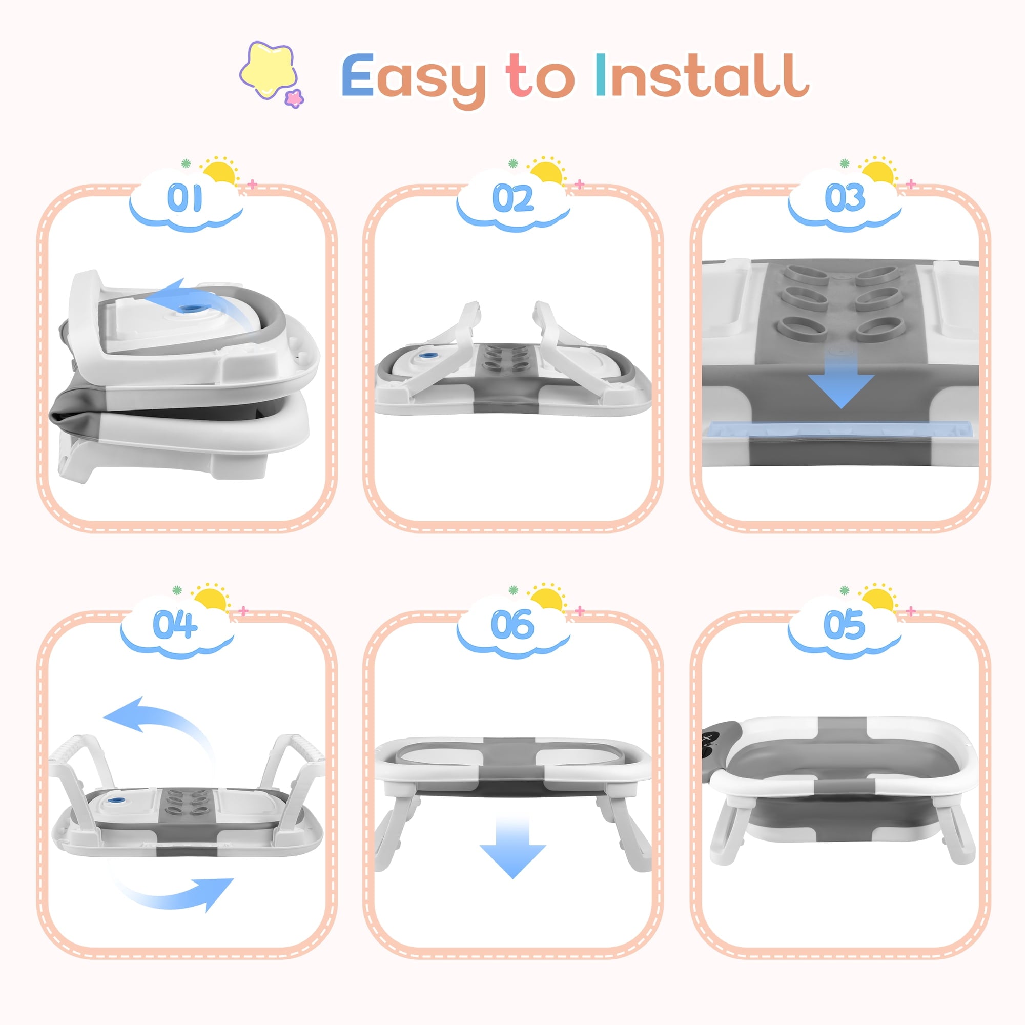 Doulami Collapsible Baby Bathtub for Infants Baby Tubs for Newborns with Cushion and Thermometer, 0-36 Month(Gray)