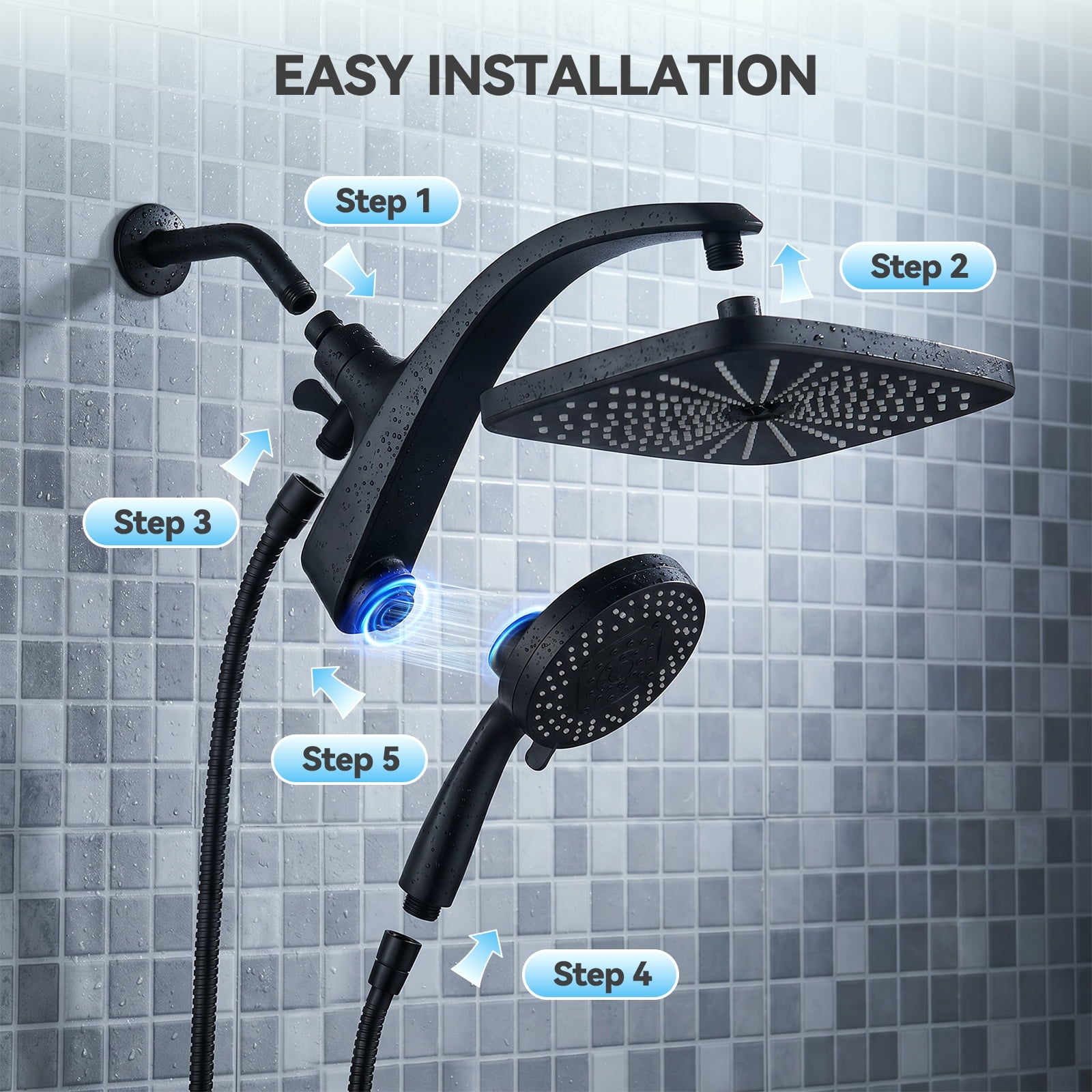 INAVAMZ 12 inch Rain Shower Head and Handheld Combo, High Pressure Shower, 3+8+1 Spray Modes, Magnetic Dock, Power Jet, Anti-Clog Nozzles, 60" Hose, Black