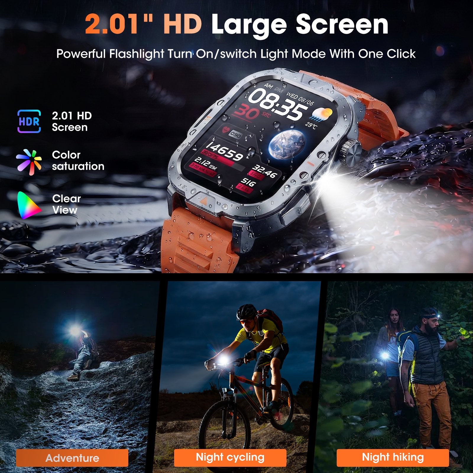 Smartwatch for Men with Fitness Tracker, 2.01-inch Answer/Make Calls/100+ Sport Modes, IP68 Waterproof, men's Military Smartwatch compatible with Android IPhone Devices (Orange)