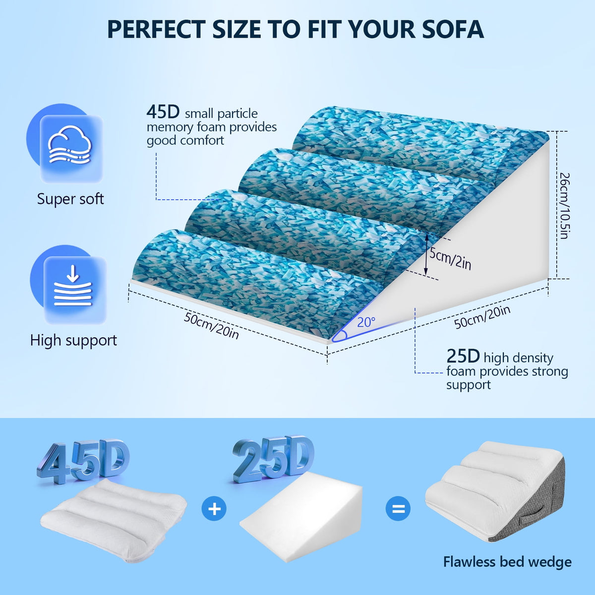 Doulami Bed Wedge Pillow Memory Foam Sleeping Support Pillow, Dual Layer bed wedge pillow for sleeping upright, Washable Cover