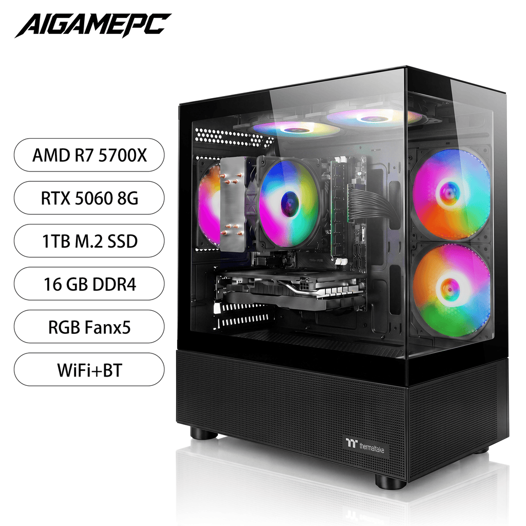 AIGAMEPC Gaming PC Desktop Computer, AMD Ryzen 7 5700X, GeForce RTX 5060 8G, 16GB DDR4 RAM, 1TB M.2 NVMe SSD, BX3 650W 80PLUS Bronze PSU, ARGB Fans, WiFi+BT, for Game Design and Office