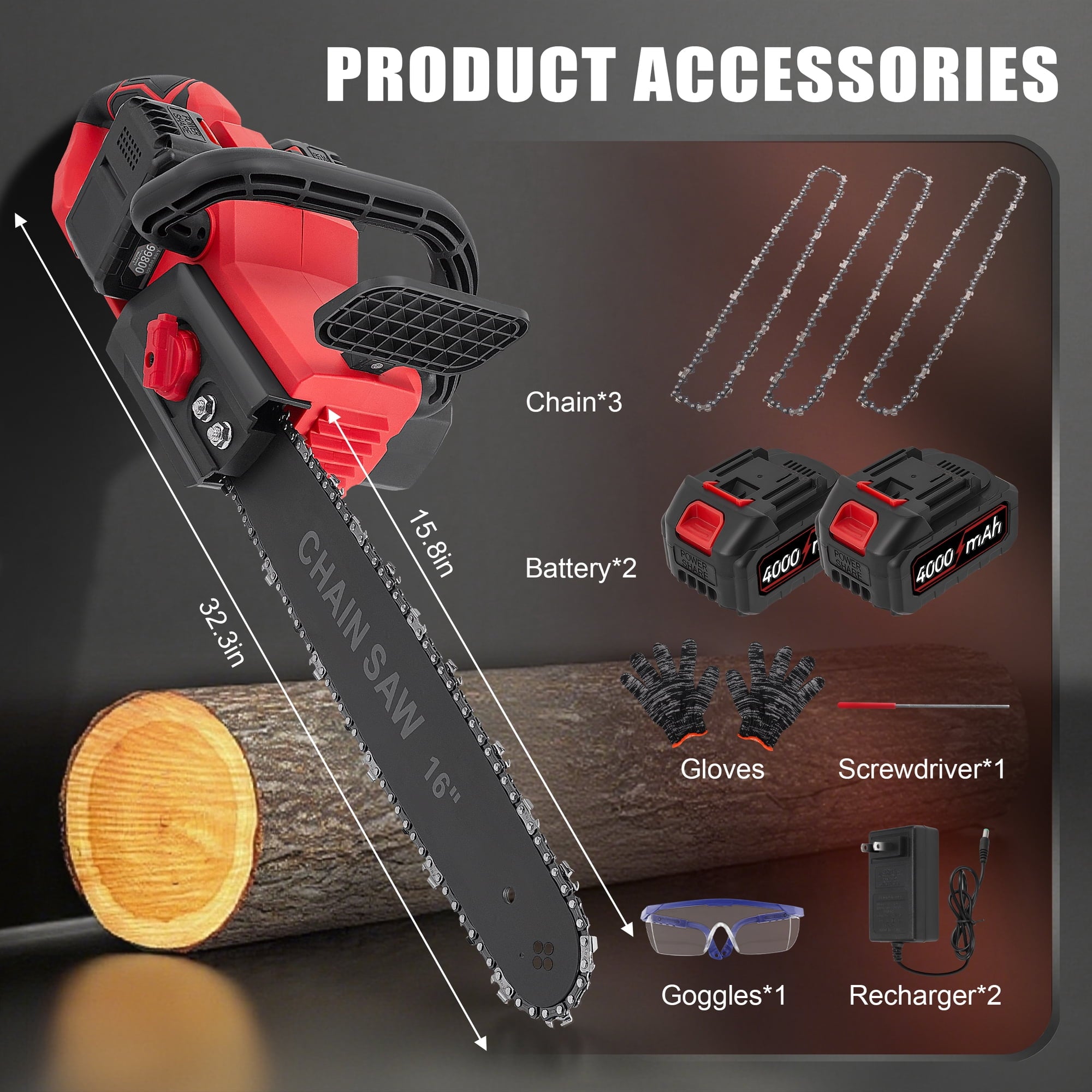 RELOIVE 16" Brushless Cordless Chainsaw, 42V 4000mAh with 3 Chains & Dual Chargers for Heavy-Duty Tree Cutting
