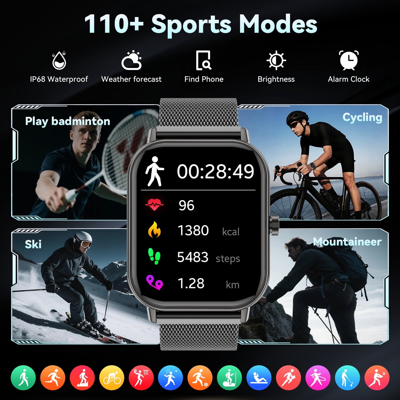 1.85-Inch Men's and Women's smartwatch fits for Android and iPhone Devices with Fitness Tracker, Pedometer, Answer/Call/120 Sport Modes, IP68 Waterproof Fitness Watch (Milanese Steel Band)