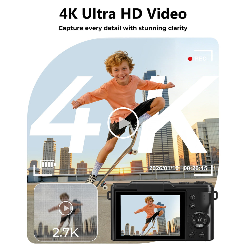 SEREE Digital Camera 4K 64MP Vlogging Camera for Photography, 18x Zoom, Autofocus, Flip Screen with 32GB Card