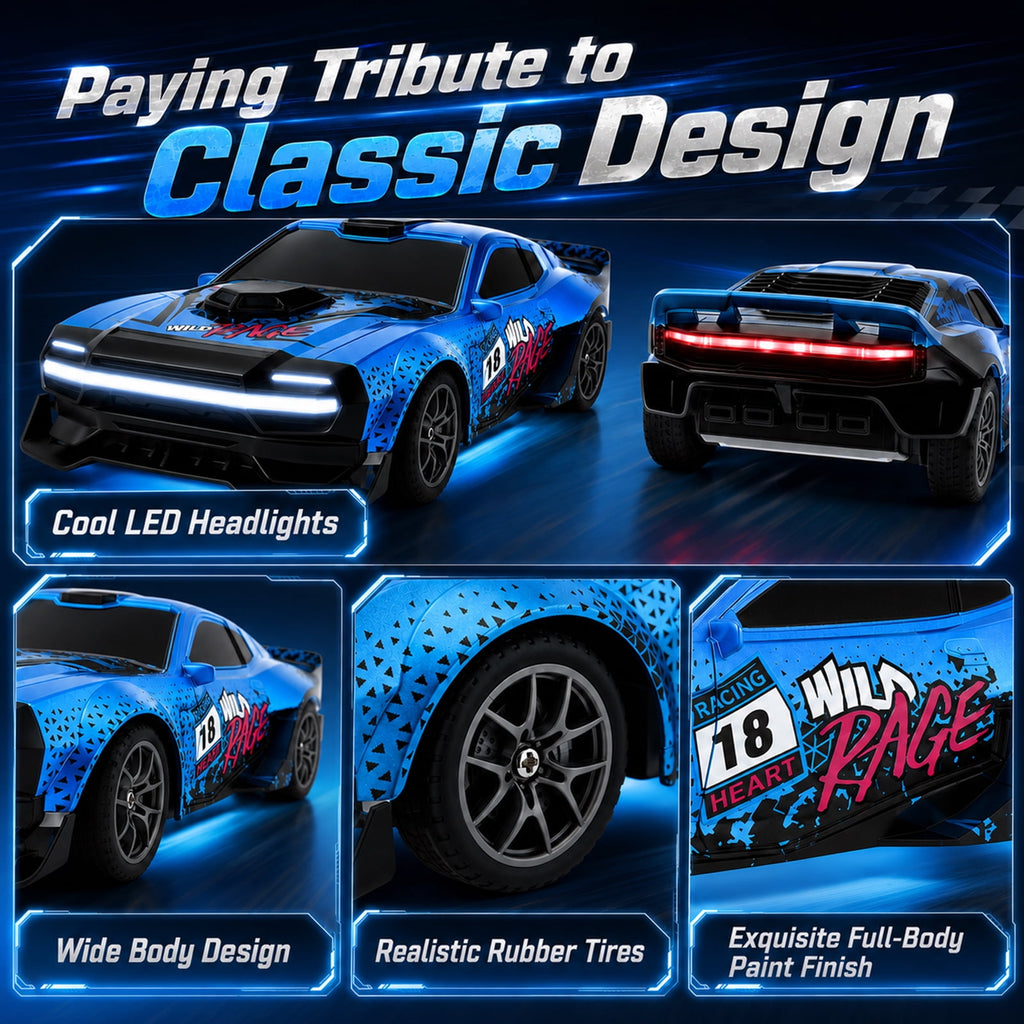 1:24 Scale RC Drift Car 4WD 2.4GHz 30KM/H High Speed Racing Sport Toy Car with LED Lights, Racing and Drift Wheels,Two Batteries