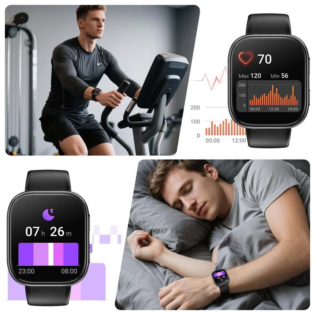 Smart Watch Fits for Android & iPhone, 1.85 inch Fitness Tracker, Men Womens Smartwatch with Make/Answer Calls/Message Reminder/100+ Sport Models, IP68 Waterproof Pedometer Watch, Perfect Gift, Black